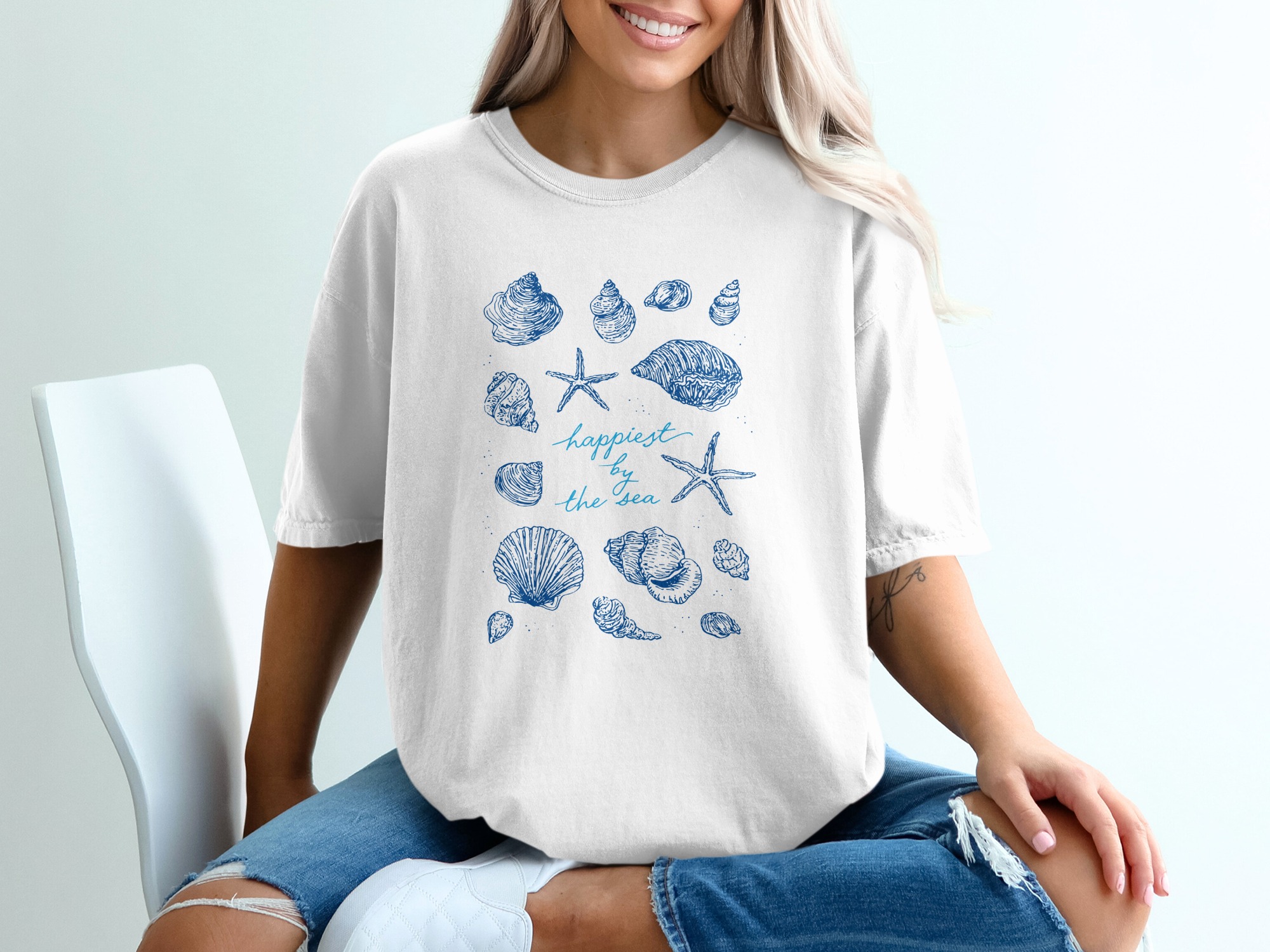 Happiest By The Sea Seashell T-Shirt, Comfort Colors Beach Lover Tee, Ocean Life Starfish Vacation Shirt, Coastal Gift for Her