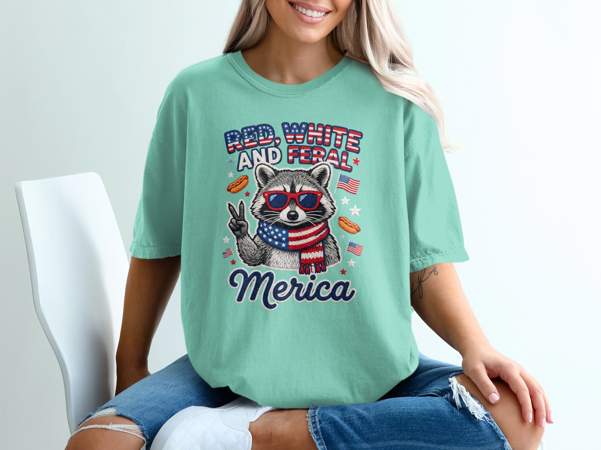 Red White and Feral Merica Raccoon T-Shirt, Funny Patriotic 4th of July Tee, American Flag Animal Shirt, Summer Party Gift - Image 10