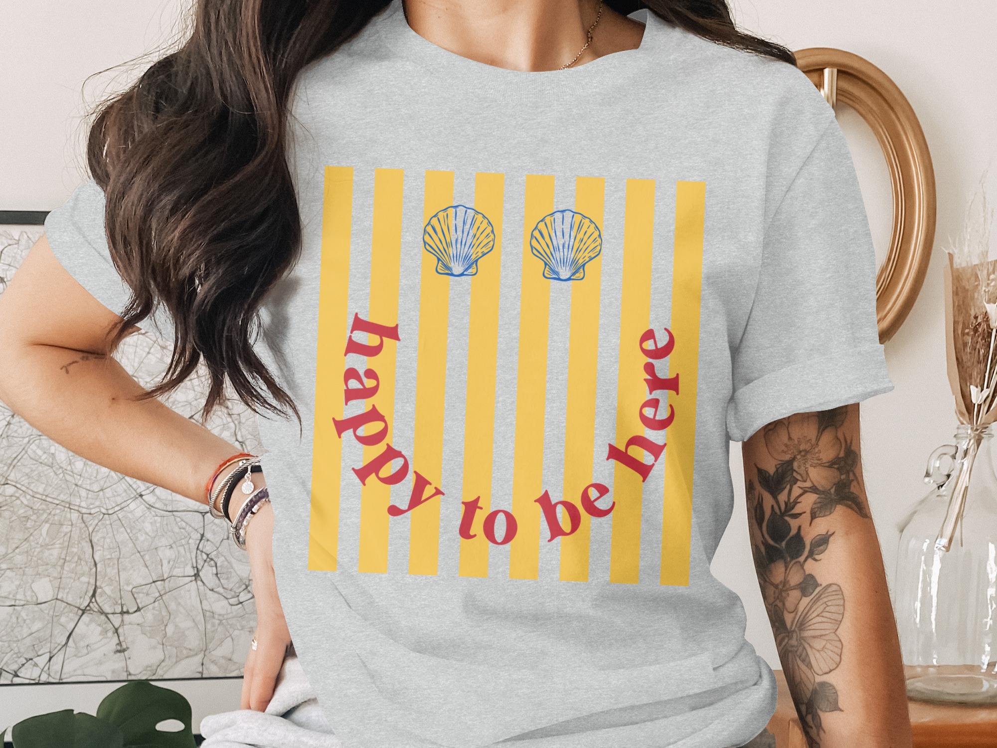 Happy To Be Here T-Shirt, Retro Smiley Face Beach Tee, Seashell Stripe Summer Vacation Shirt, Positive Vibes Graphic Top - Image 2