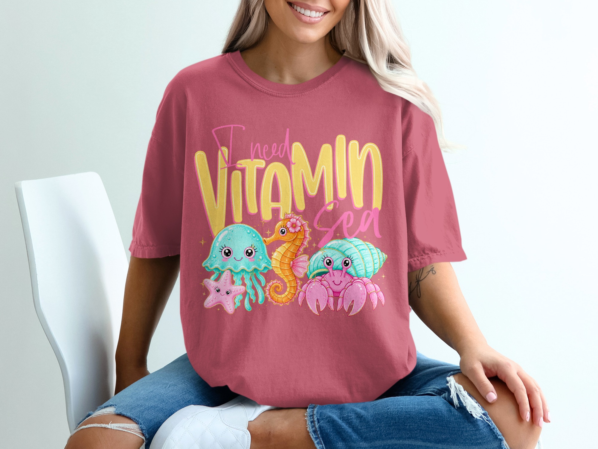 Vitamin Sea T-Shirt, Cute Ocean Lover Tee, Kawaii Beach Vacation Shirt, Faux Glitter Sea Creature Top, Summer Vibes Gift for Her - Image 15