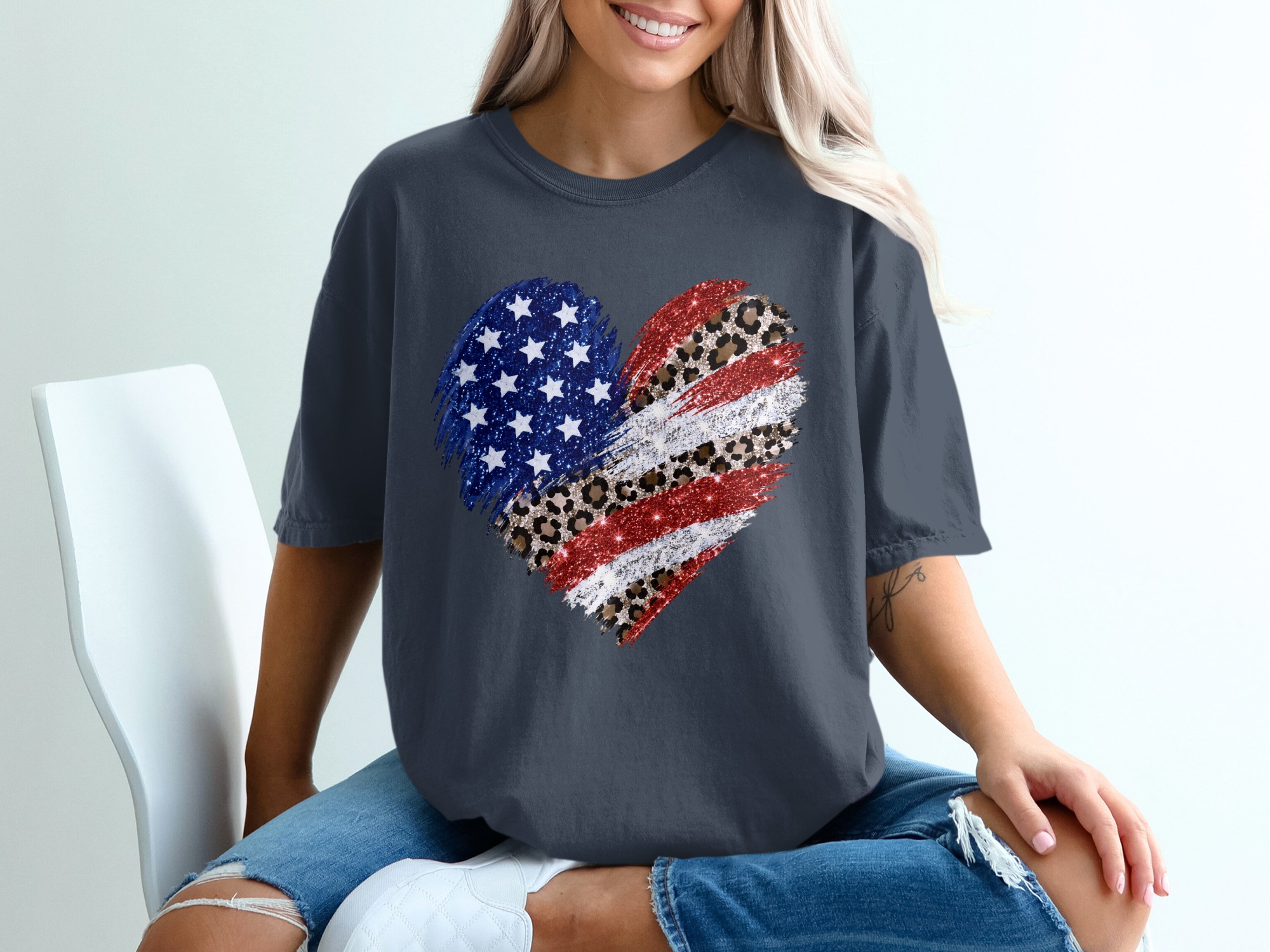 Comfort Colors® Patriotic Leopard Heart T-Shirt, American Flag Glitter Tee, 4th of July Shirt, Memorial Day, USA Pride, Trendy Gift for Her - Image 12