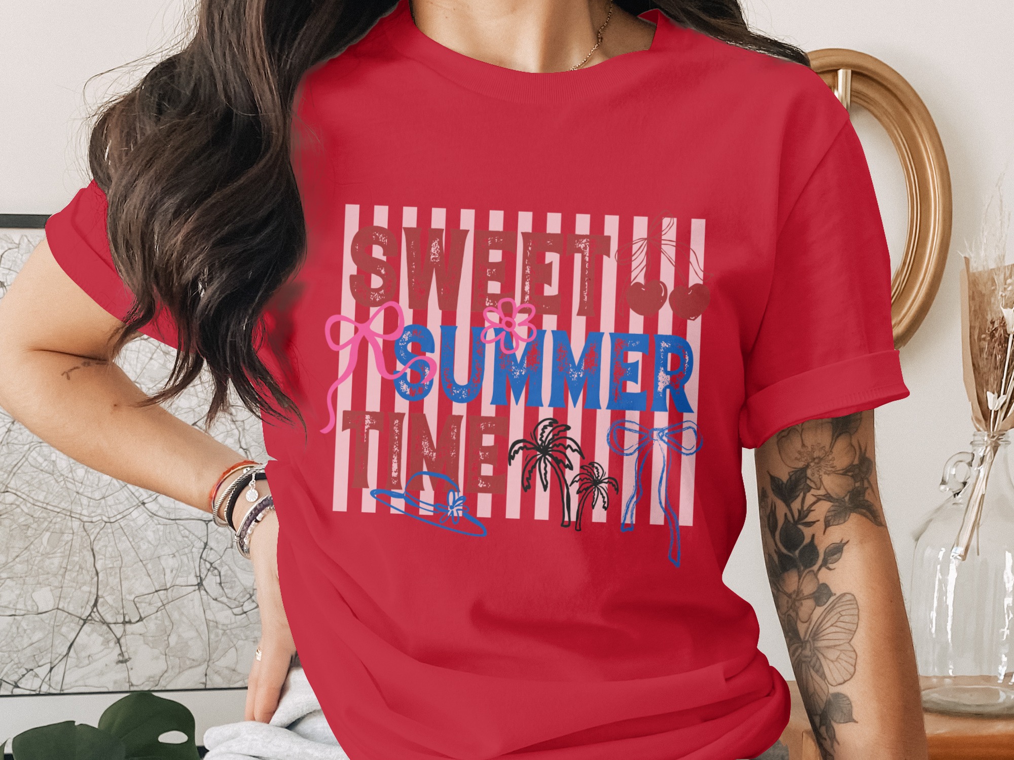 Sweet Summer Time T-Shirt, Retro Patriotic Summer Vibes Tee, Cherry Bow Palm Tree Shirt, Beach Vacation Outfit, Fourth of July Gift - Image 4