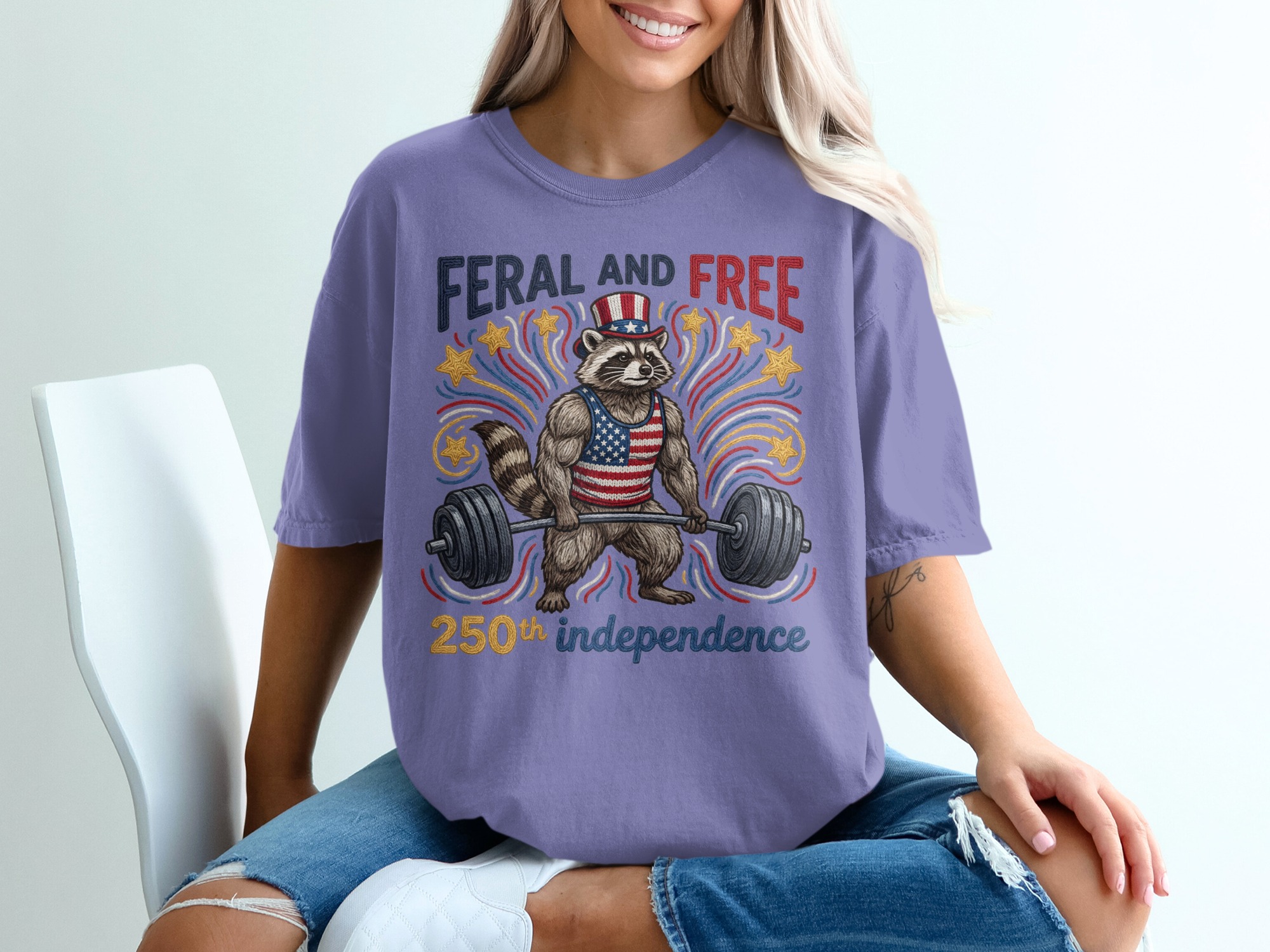 Feral and Free Raccoon T-Shirt, Patriotic Gym Raccoon Tee, 250th Independence Day Shirt, American Flag Weightlifting Shirt - Image 13
