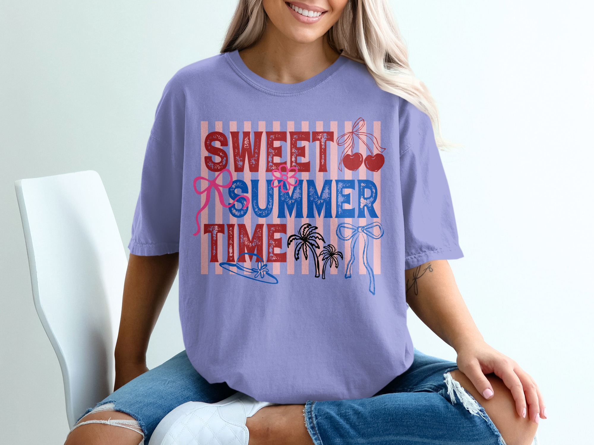 Sweet Summer Time T-Shirt, Retro Patriotic Summer Vibes Tee, Cherry Bow Palm Tree Shirt, Beach Vacation Outfit, Fourth of July Gift - Image 18