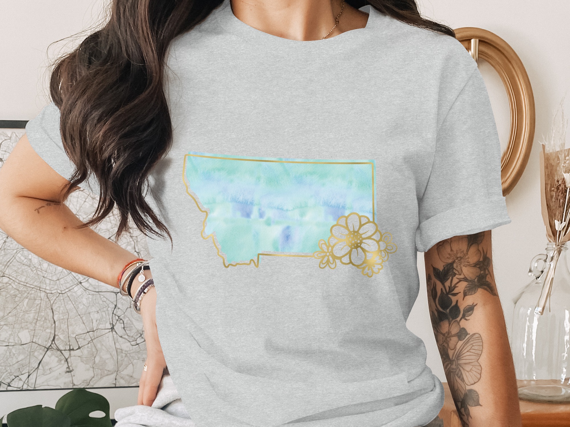 Montana T-Shirt | Watercolor Floral Montana State Outline Tee | Faux Gold Print Flowers | Big Sky Country Gift - Image 2