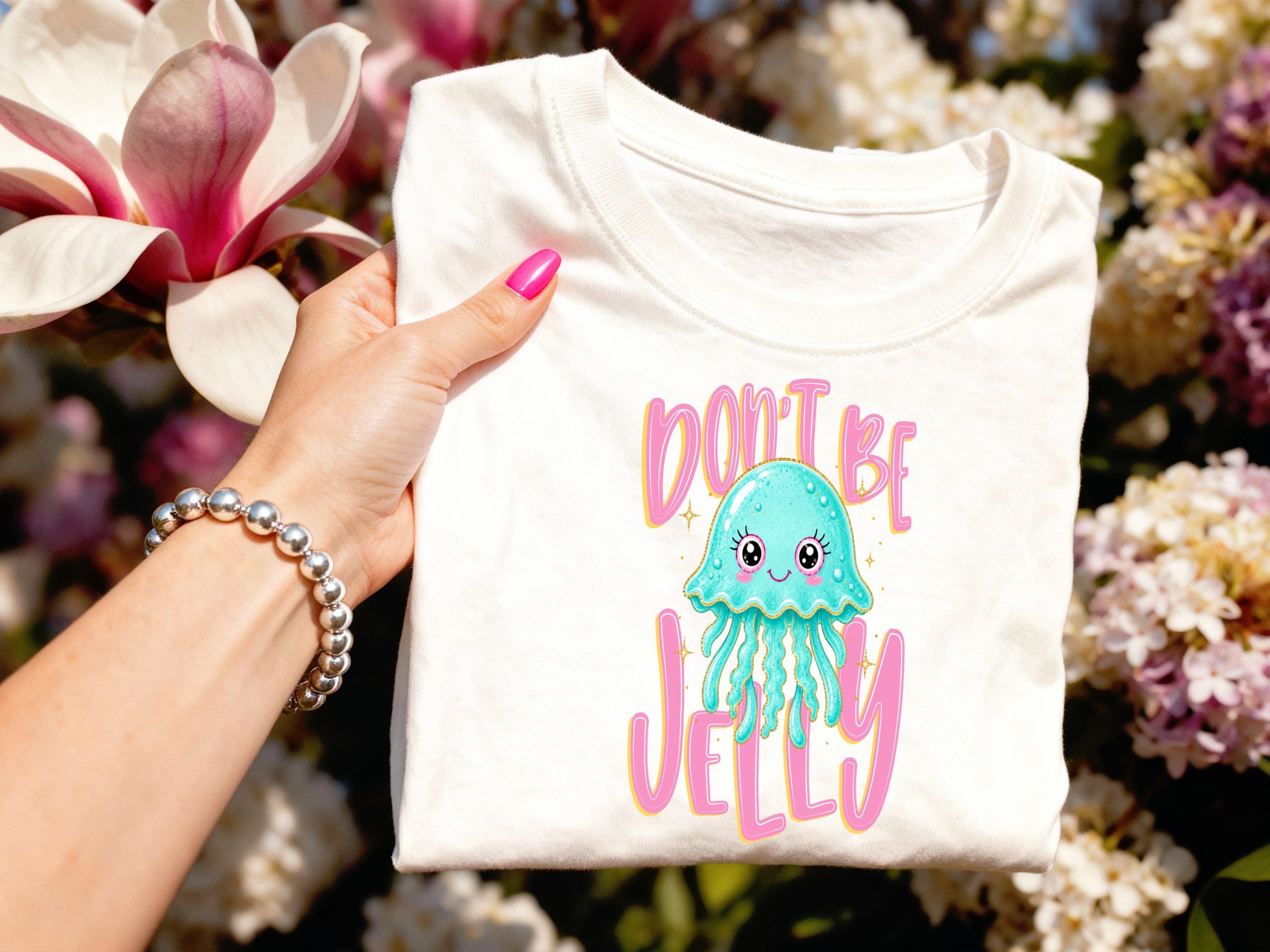 Don't Be Jelly T-Shirt, Cute Jellyfish Shirt, Kawaii Ocean Pun Tee, Faux Glitter Effect Sea Animal Top, Funny Beach Vibe Tee, Gift for Her - Image 3