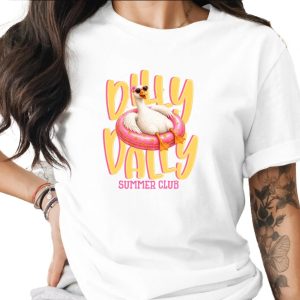 Dilly Dally Summer Club T-Shirt, Retro Goose with Pink Heart Sunglasses Tee, Funny Vacation Bird Graphic Tee, Cute Summer Apparel Gift