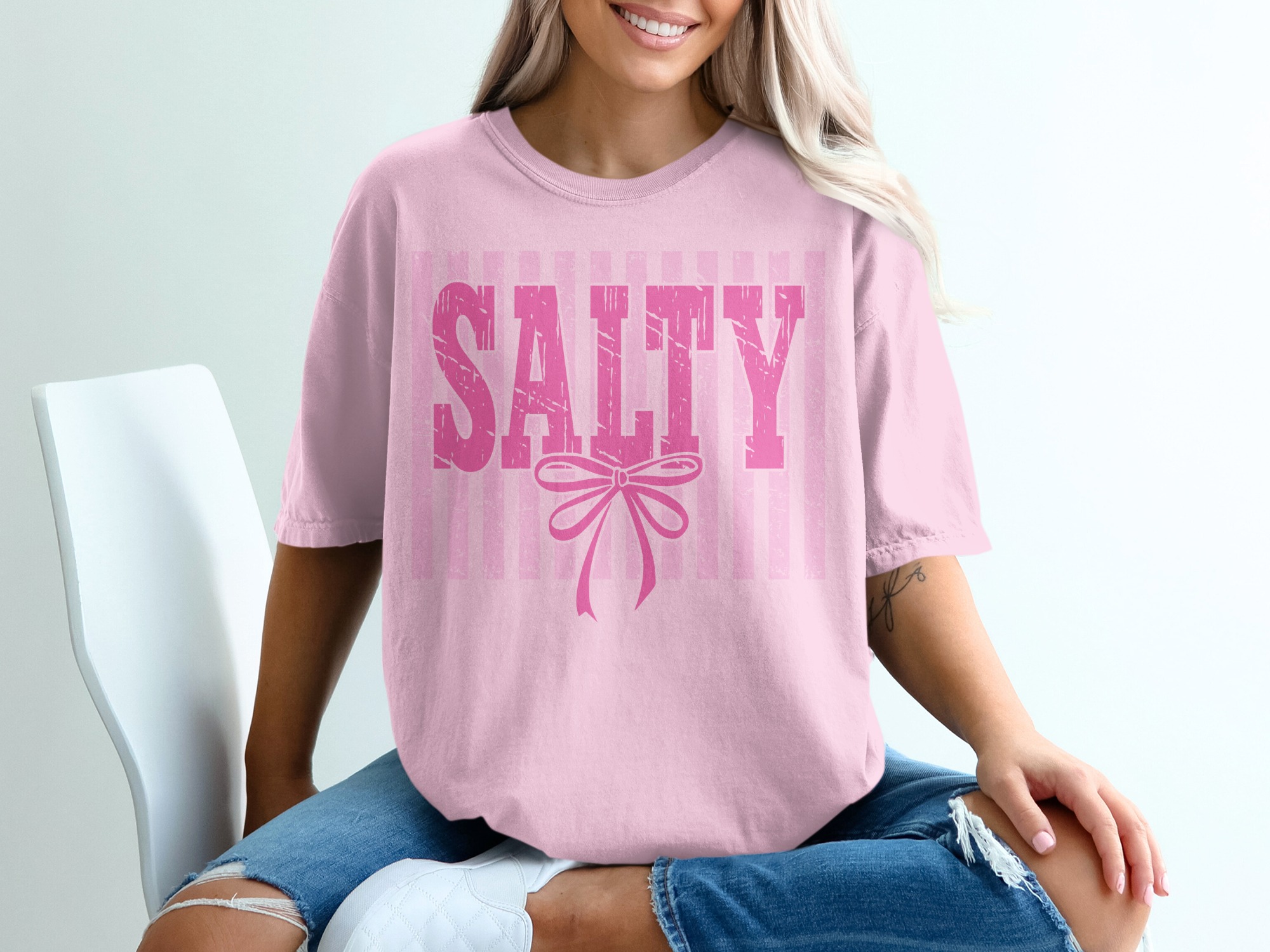 Salty T-Shirt, Pink Salty Tee with Faux Distressed Bow, Sassy Girly Graphic Top, Coquette Aesthetic Shirt, Cute Humorous Gift for Her - Image 17