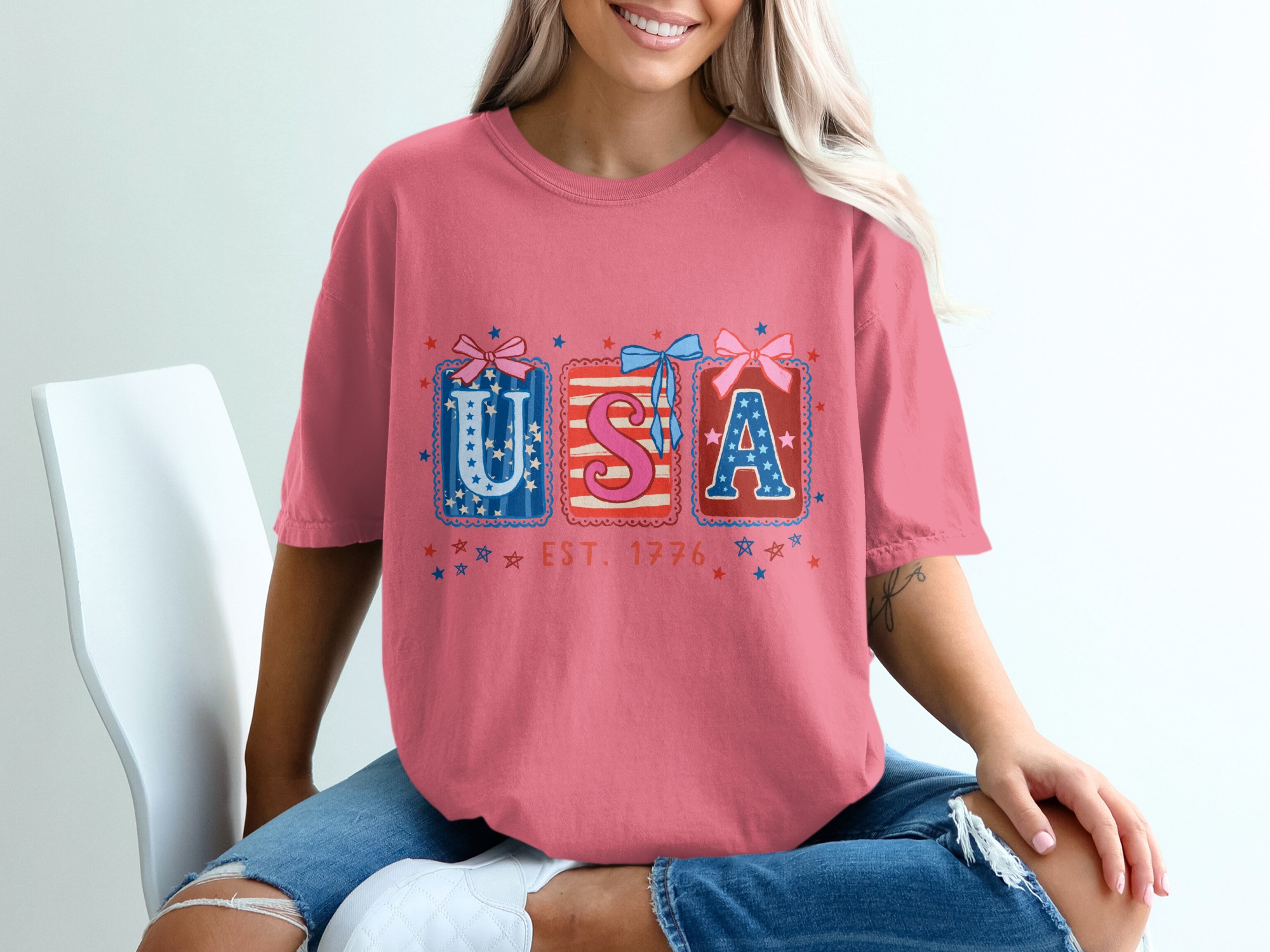 Patriotic USA Est 1776 T-Shirt, Whimsical Americana Tee, Fourth of July Top, Vintage Independence Day Shirt for Her, Cute Stars & Stripes - Image 16