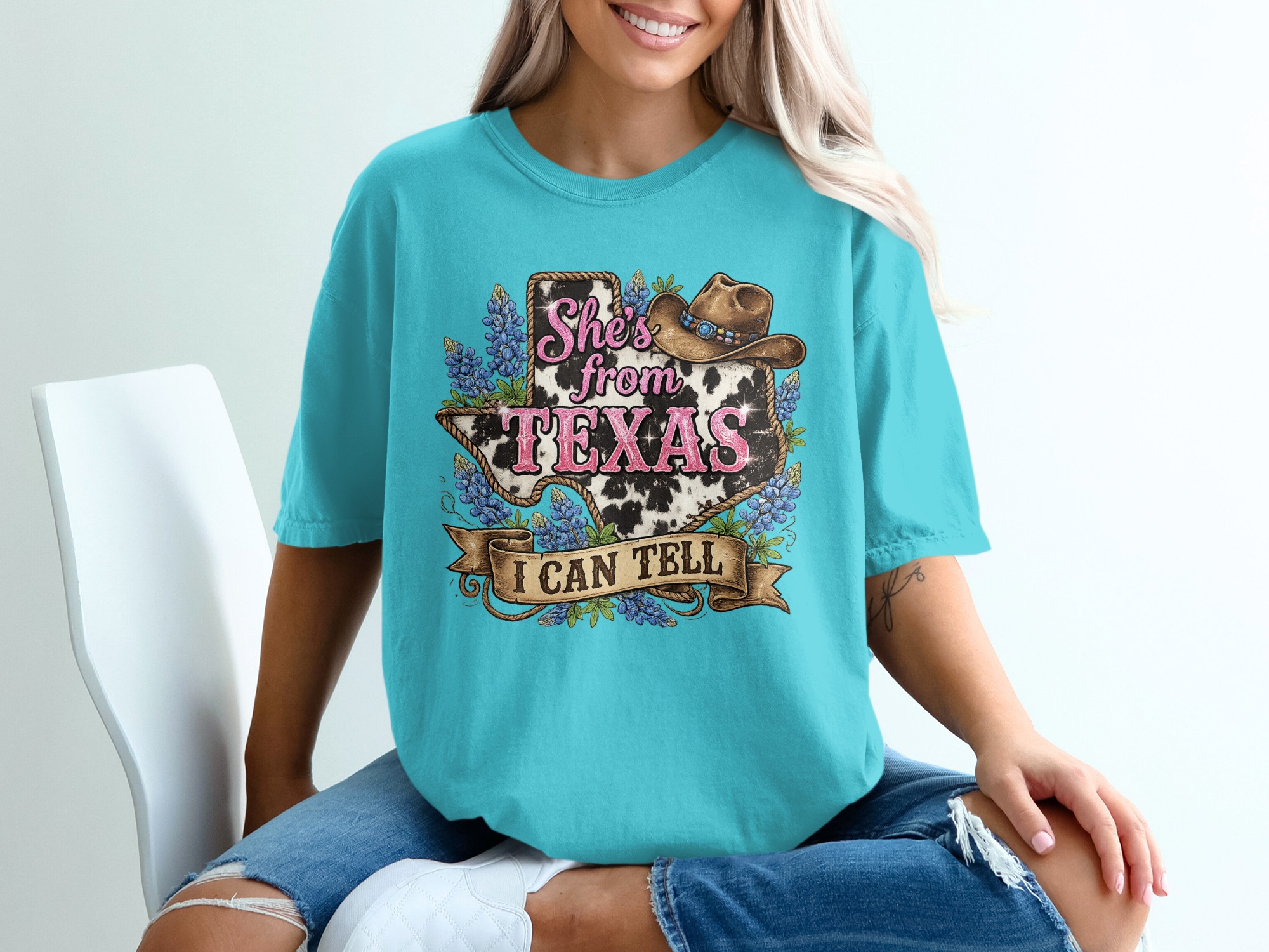 She's from Texas T-Shirt, Cow Print Bluebonnet Texas Tee, Western Country Style Southern Pride Gift for Her - Image 9