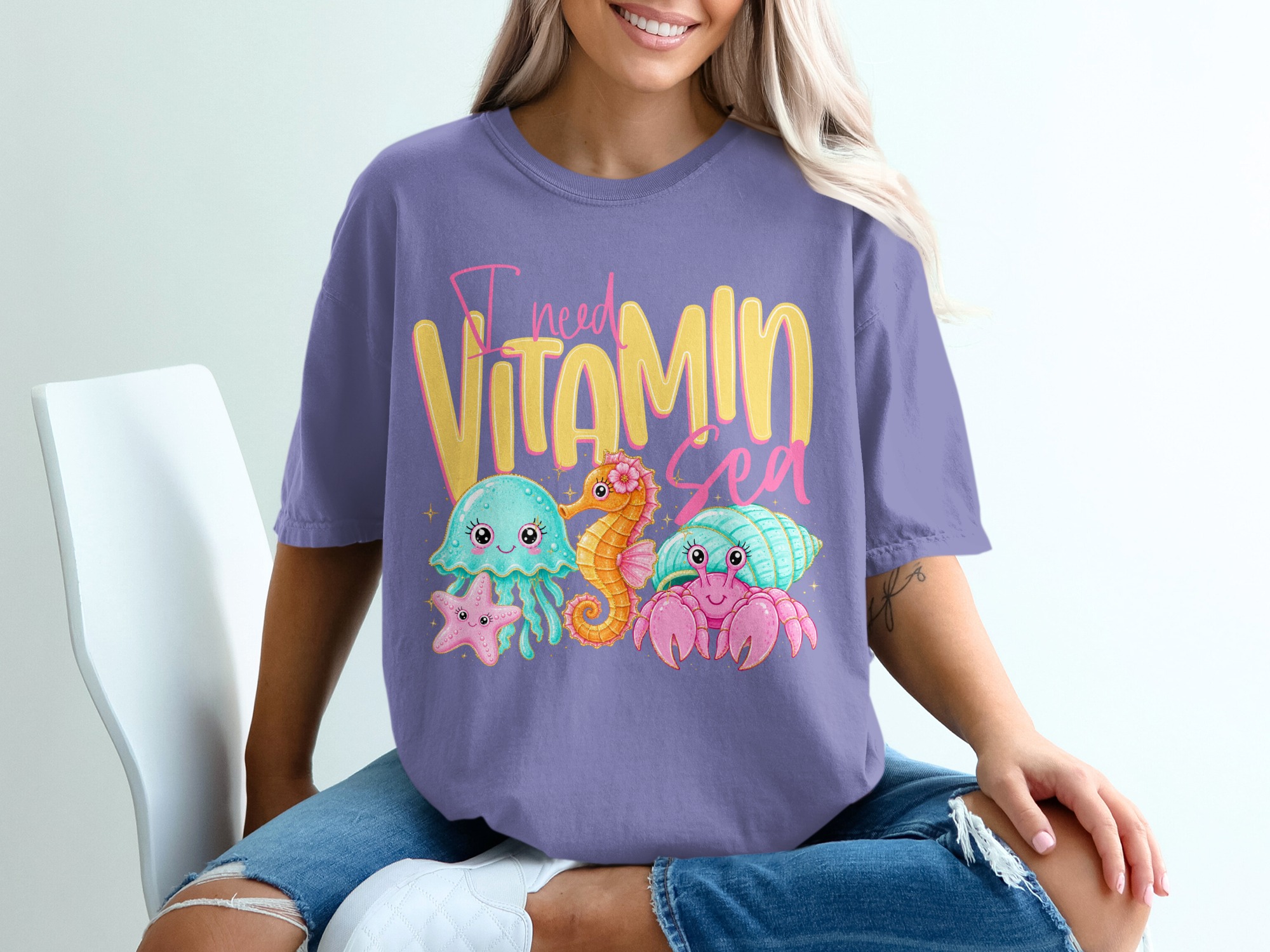 Vitamin Sea T-Shirt, Cute Ocean Lover Tee, Kawaii Beach Vacation Shirt, Faux Glitter Sea Creature Top, Summer Vibes Gift for Her - Image 13