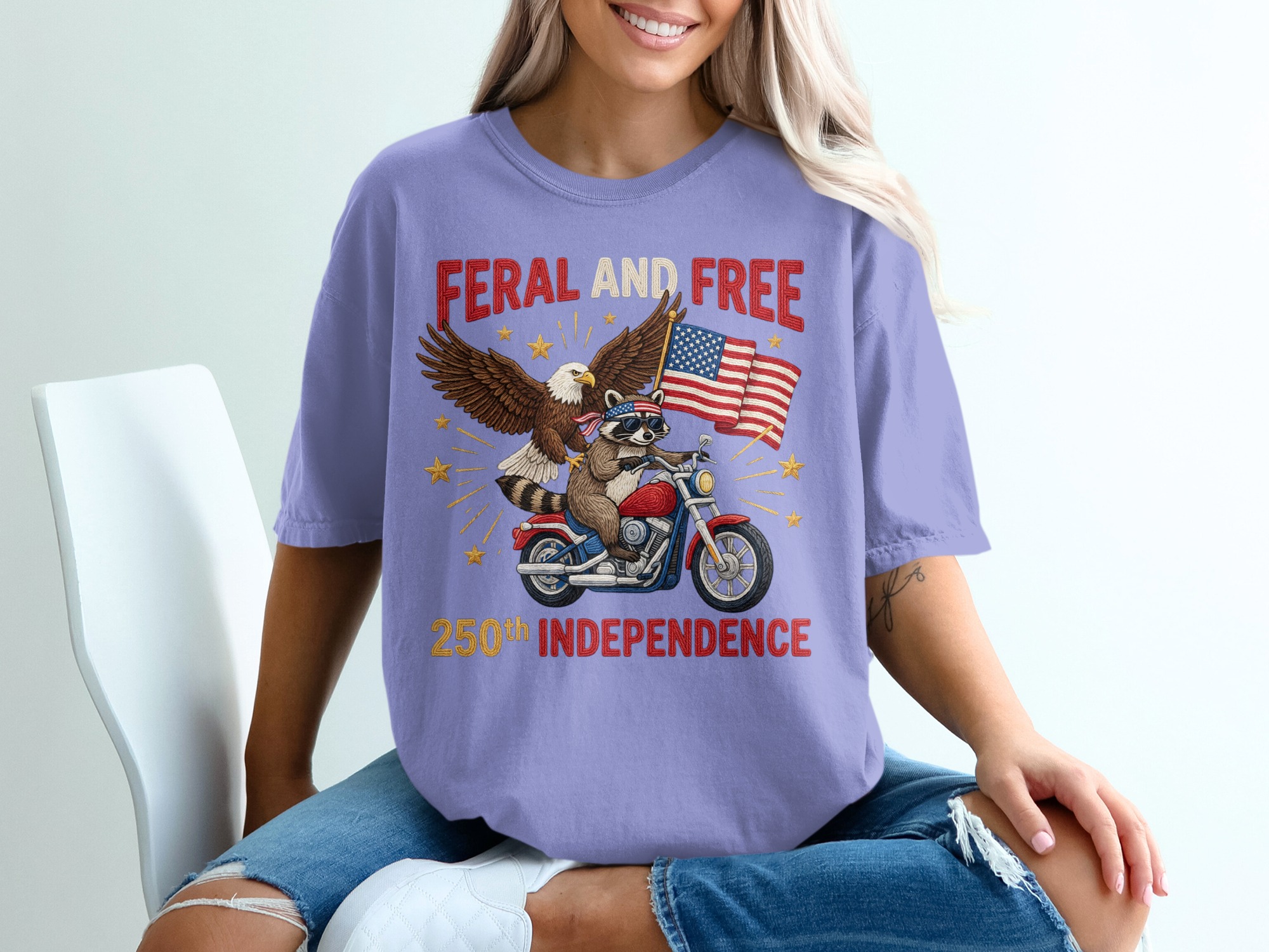 Feral and Free 250th Independence Day T-Shirt, Patriotic Raccoon Eagle Motorcycle Tee, American Flag Biker Freedom Shirt, July 4th Gift - Image 18