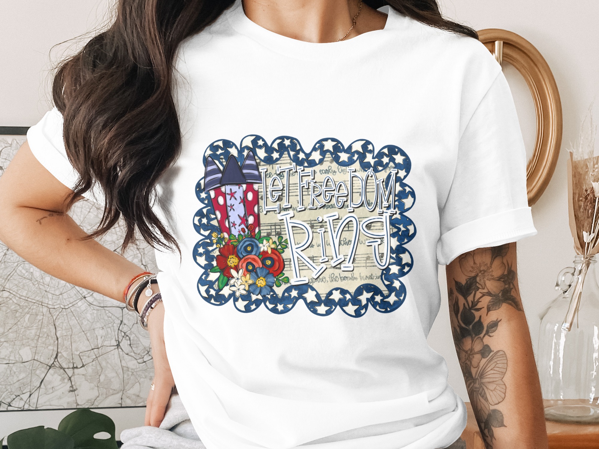 Let Freedom Ring T-Shirt, Patriotic 4th of July Shirt, Americana Tee with Flowers & Fireworks, Vintage Summer Top for Freedom Lovers