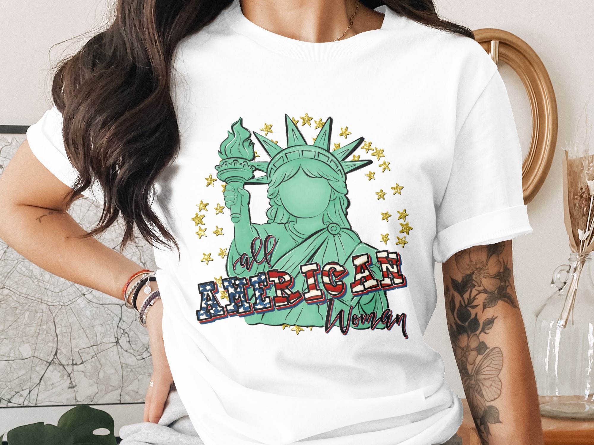 All American Woman T-Shirt, Patriotic Lady Liberty Tee, USA Pride Graphic Top, Fourth of July Outfit, Empowering Gift for Her
