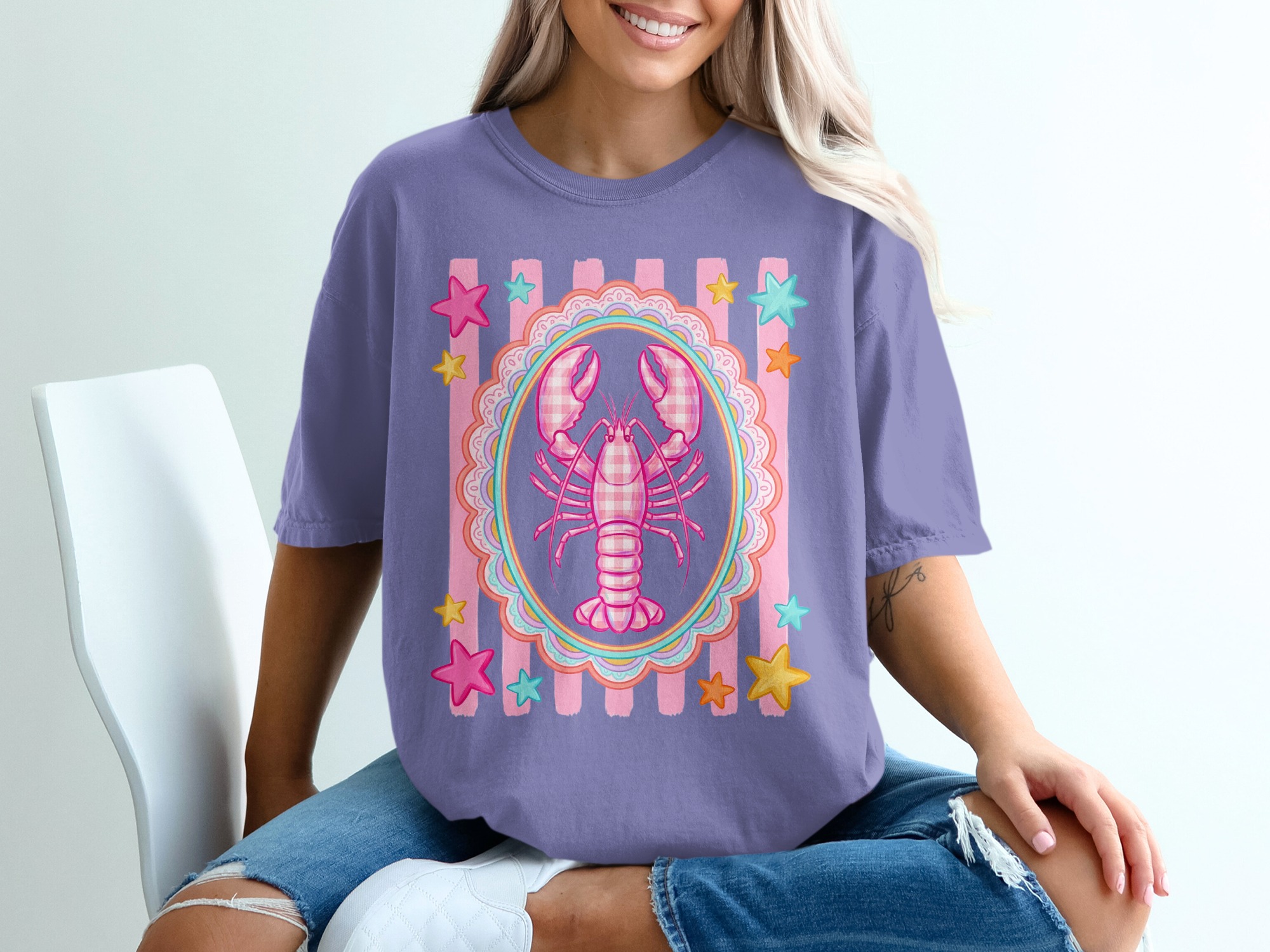 Comfort Colors® Lobster T-Shirt, Cute Pink Gingham Lobster Tee, Coquette Aesthetic Top, Whimsical Summer Beach, Coastal Cowgirl, Preppy - Image 13