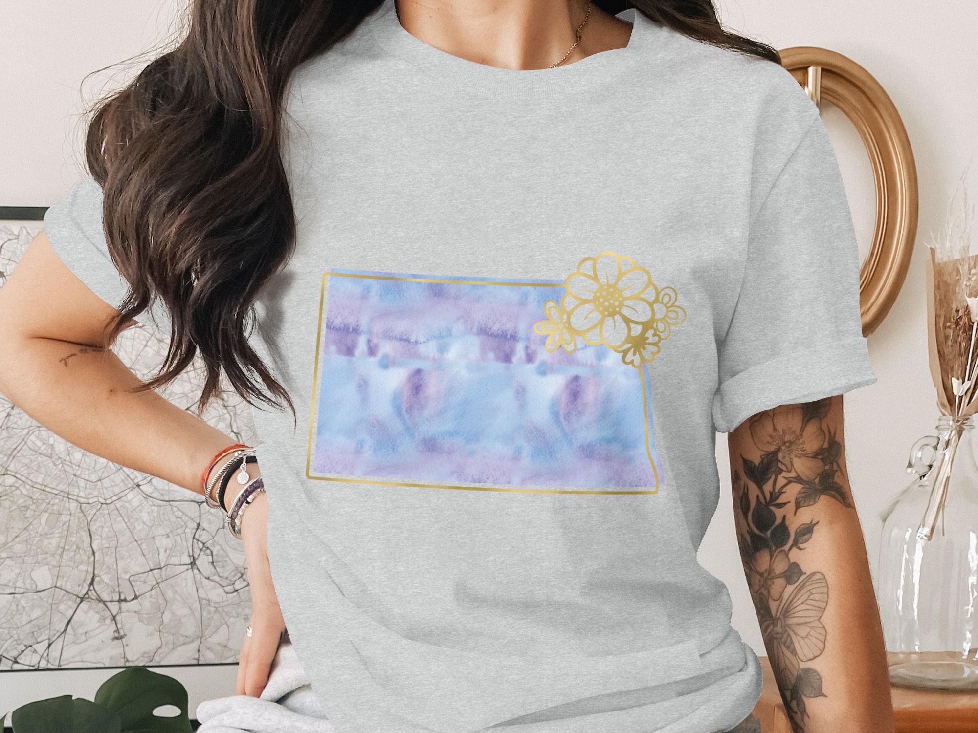 Dreamy Watercolor Floral T-Shirt, Faux Gold Daisy Frame Tee, Aesthetic Boho Spring Shirt, Soft Purple Blue Flower Lover Gift For Her - Image 2