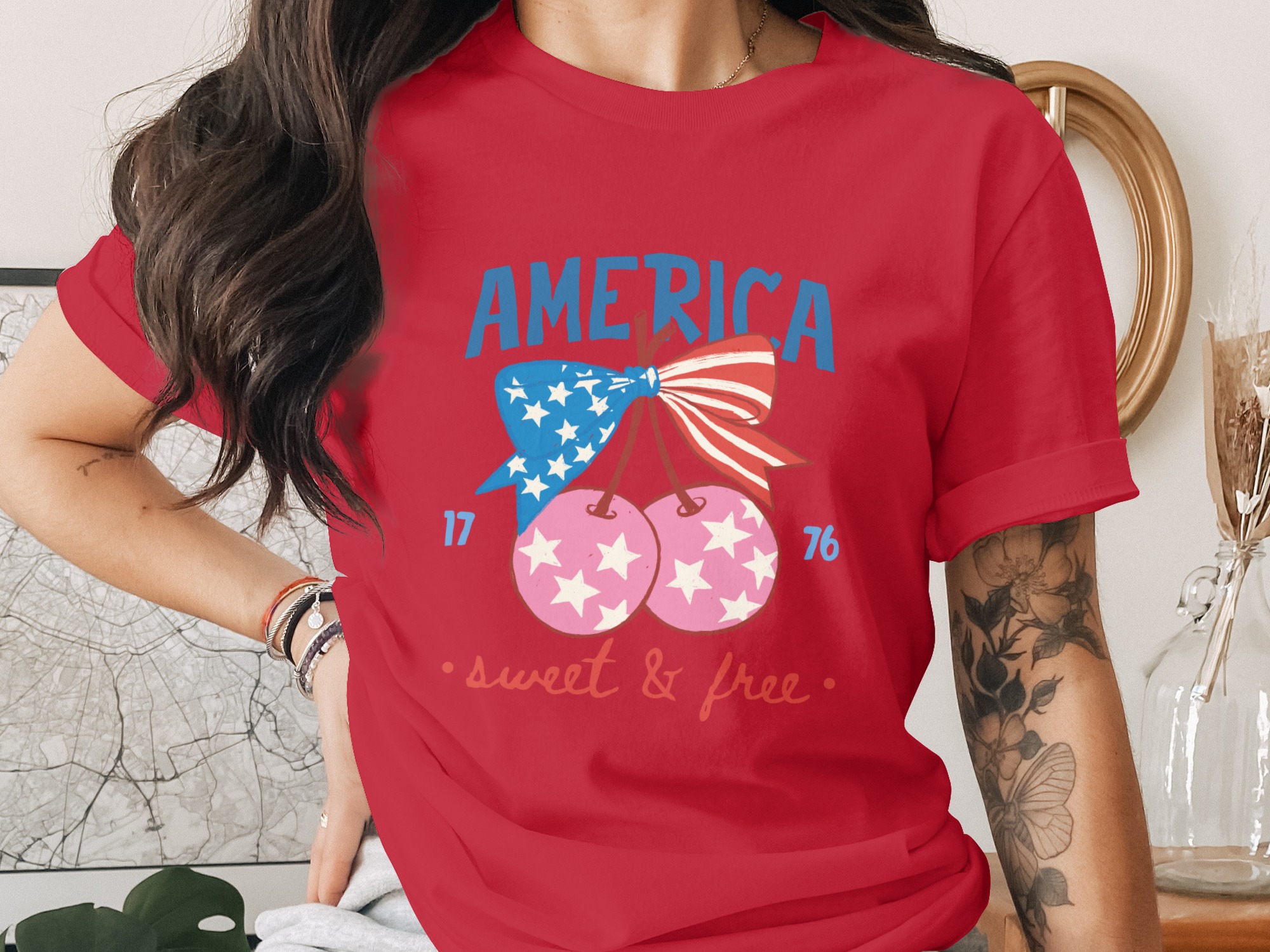 America Sweet & Free T-Shirt, Patriotic Cherry Bow Tee, Fourth of July Vintage Style Shirt, USA Flag Summer Graphic Tee Gift for Her - Image 4