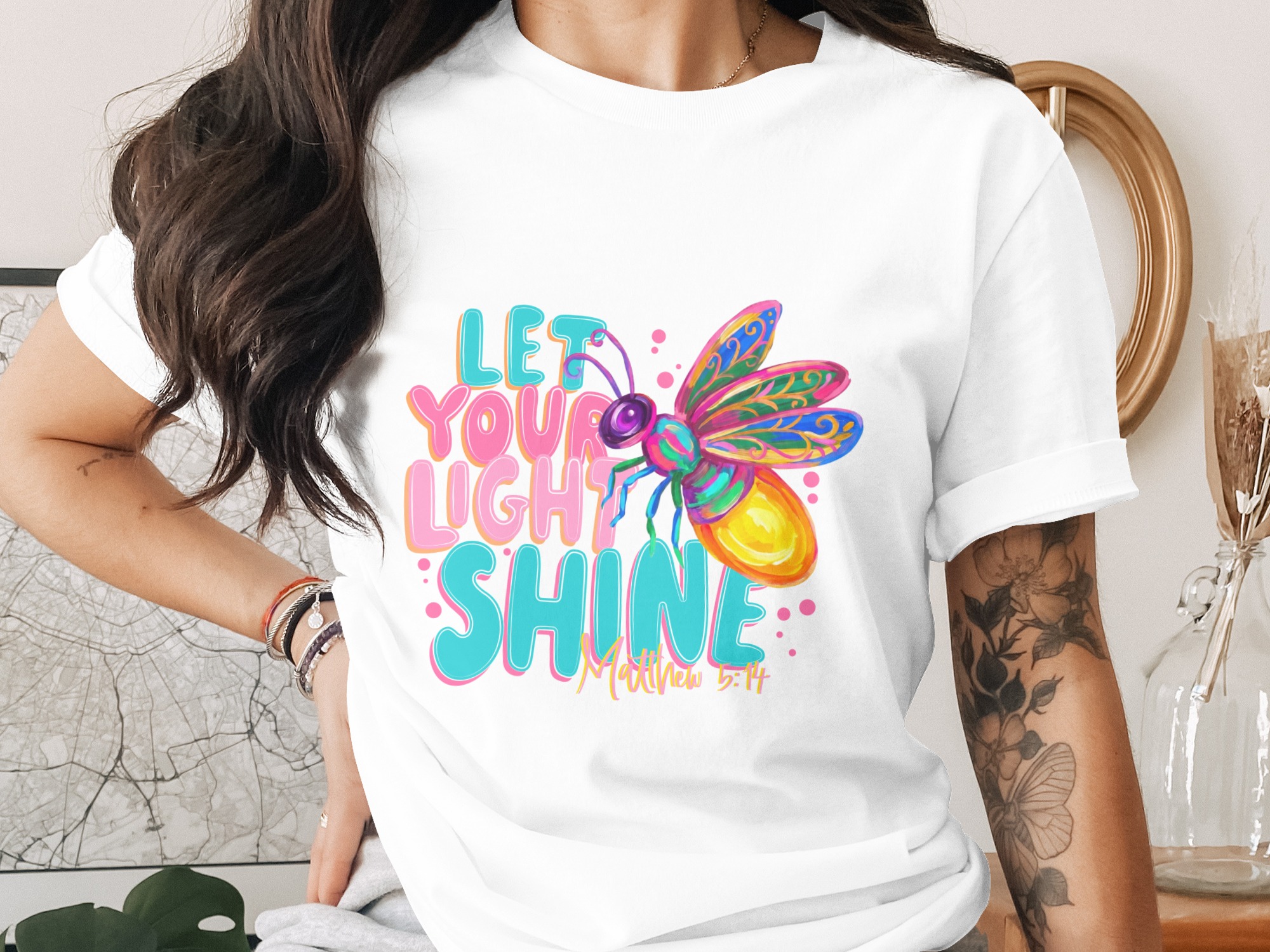 Let Your Light Shine T-Shirt, Matthew 5:14 Firefly Christian Tee, Inspirational Faith Religious Scripture Gift, Colorful Women's Top