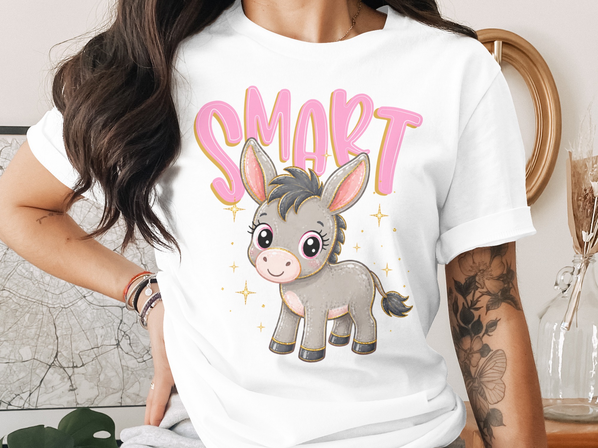 Smart Donkey T-Shirt, Cute Kawaii Kids Tee, Faux Gold Glitter Animal Lover Gift, Positive Back To School Shirt for Girls & Students