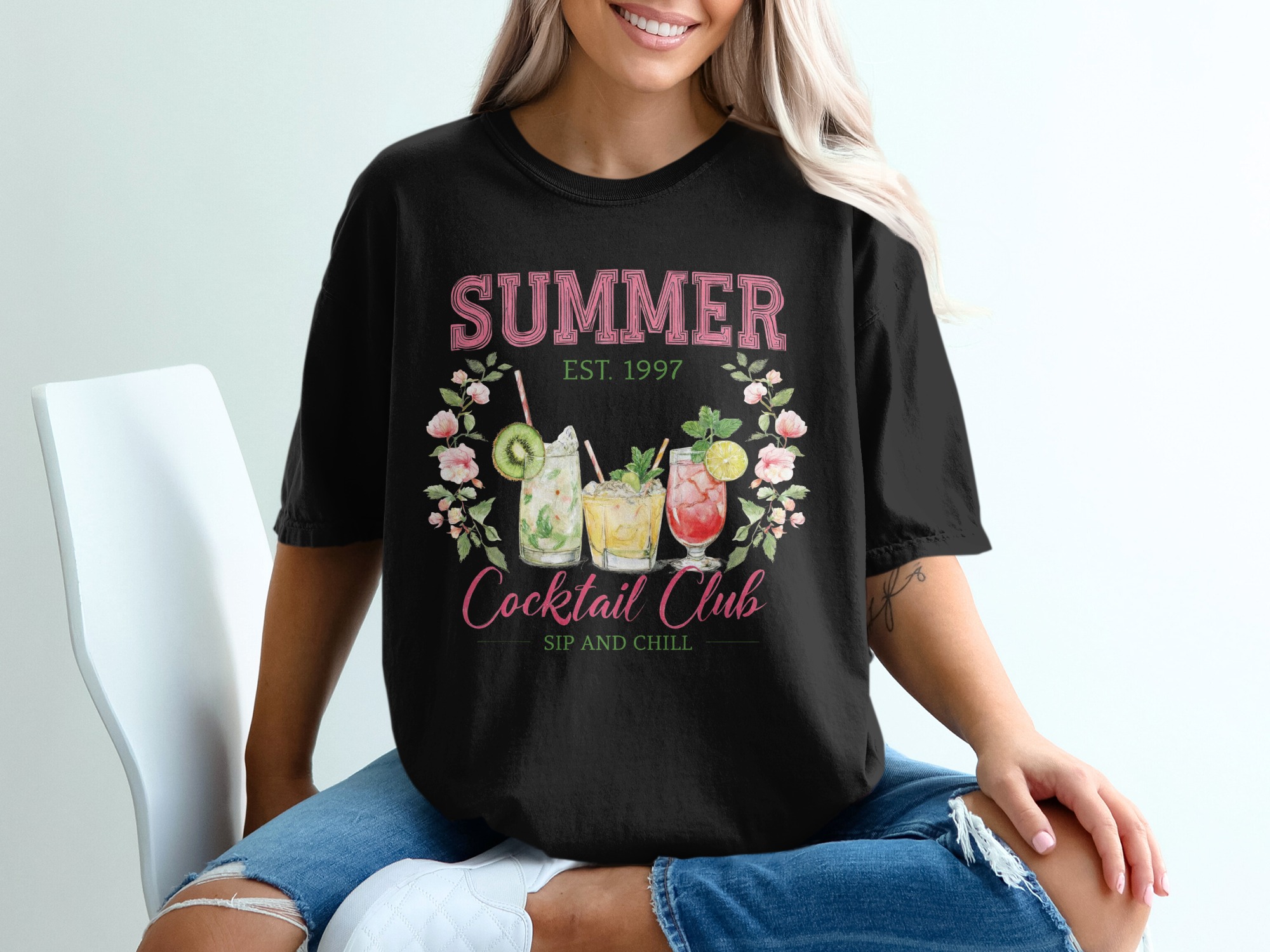 Summer Cocktail Club T-Shirt, Est 1997 Sip and Chill Tee, Comfort Colors ® Watercolor Cocktails Top, Preppy Aesthetic Shirt, Vacation Gift - Image 2