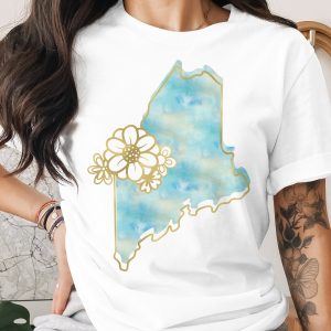 Maine State Flower T-Shirt, Watercolor Map Faux Gold Outline Tee, New England Travel Souvenir Gift, Maine Resident Shirt