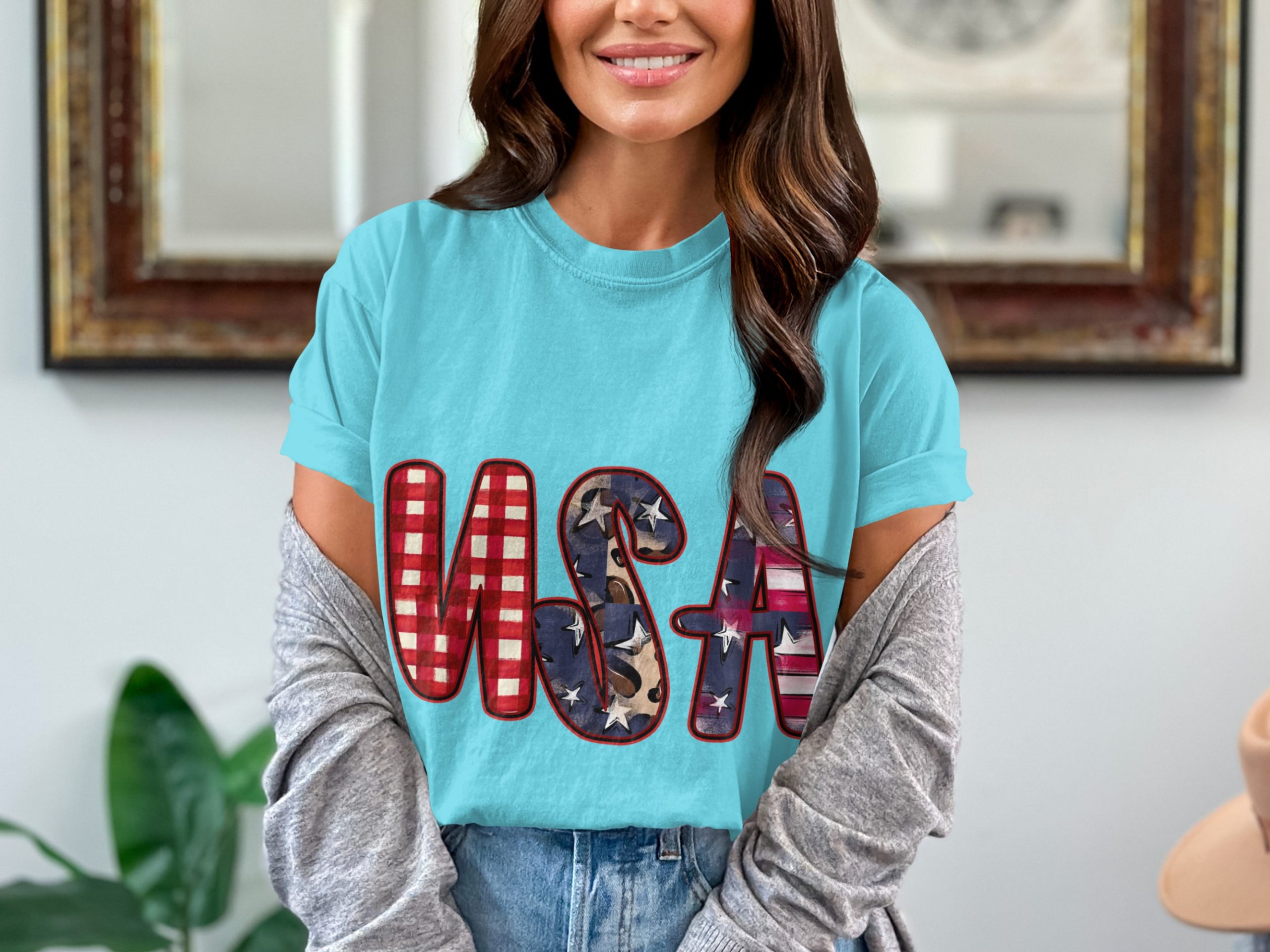 USA T-Shirt, Patriotic 4th of July Shirt, Distressed Buffalo Plaid Leopard Print America Tee, Memorial Day Gift for Her - Image 7