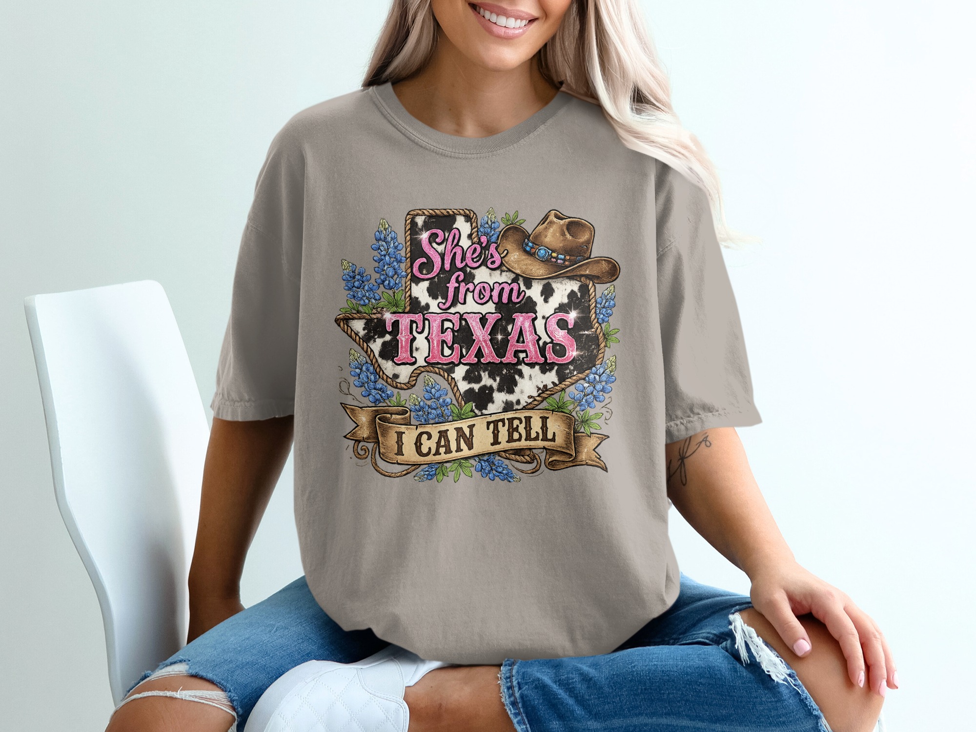 She's from Texas T-Shirt, Cow Print Bluebonnet Texas Tee, Western Country Style Southern Pride Gift for Her - Image 11