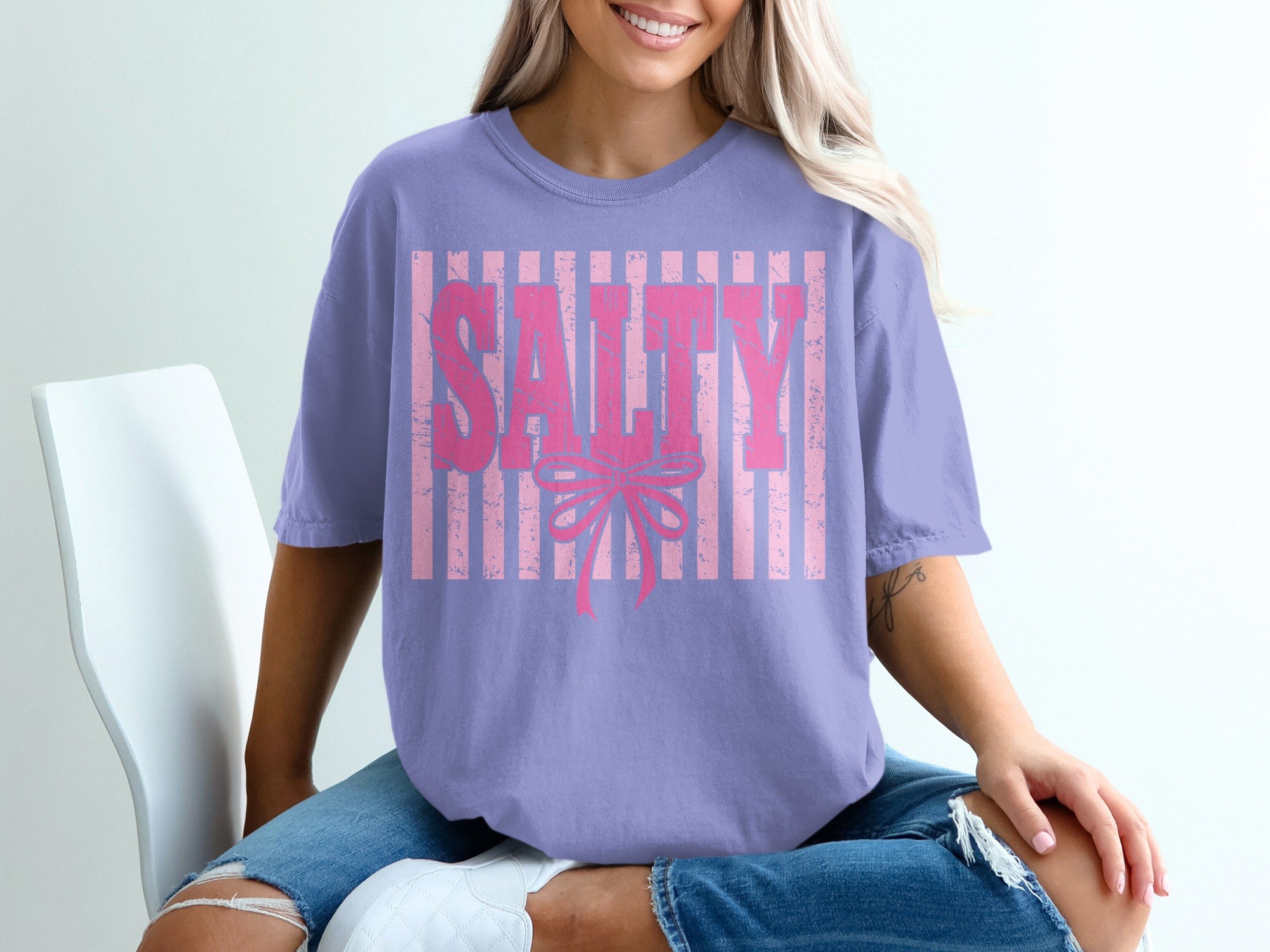Salty T-Shirt, Pink Salty Tee with Faux Distressed Bow, Sassy Girly Graphic Top, Coquette Aesthetic Shirt, Cute Humorous Gift for Her - Image 18
