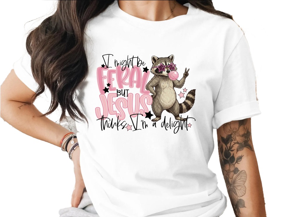 Feral Jesus Delight T-Shirt, Raccoon Graphic Tee, Funny Christian Shirt, Sarcastic Faith Top, Wild Girl Gift, Cute Animal Lover Tee, Quirky