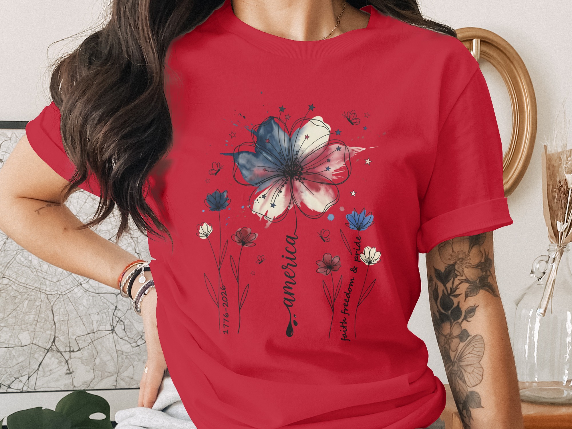 Patriotic Floral America Watercolor T-Shirt | Faith Freedom Pride Shirt | 4th of July Independence Day Tee | American Flag Flower - Image 4