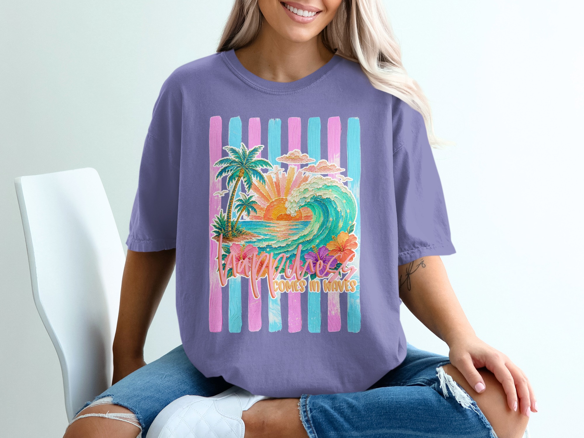Comfort Colors ® Happiness Comes in Waves T-Shirt, Tropical Sunset Beach Wave Graphic Tee, Vacation Shirt, Ocean Lover Gift for Her, Summer - Image 13