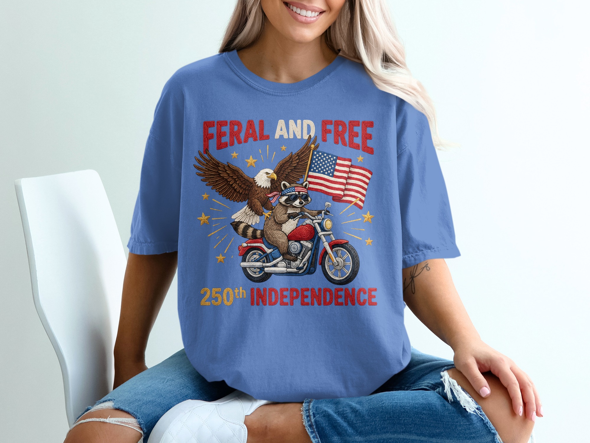 Feral and Free 250th Independence Day T-Shirt, Patriotic Raccoon Eagle Motorcycle Tee, American Flag Biker Freedom Shirt, July 4th Gift - Image 20