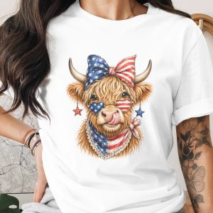 Patriotic Highland Cow T-Shirt - USA Flag Country Tee