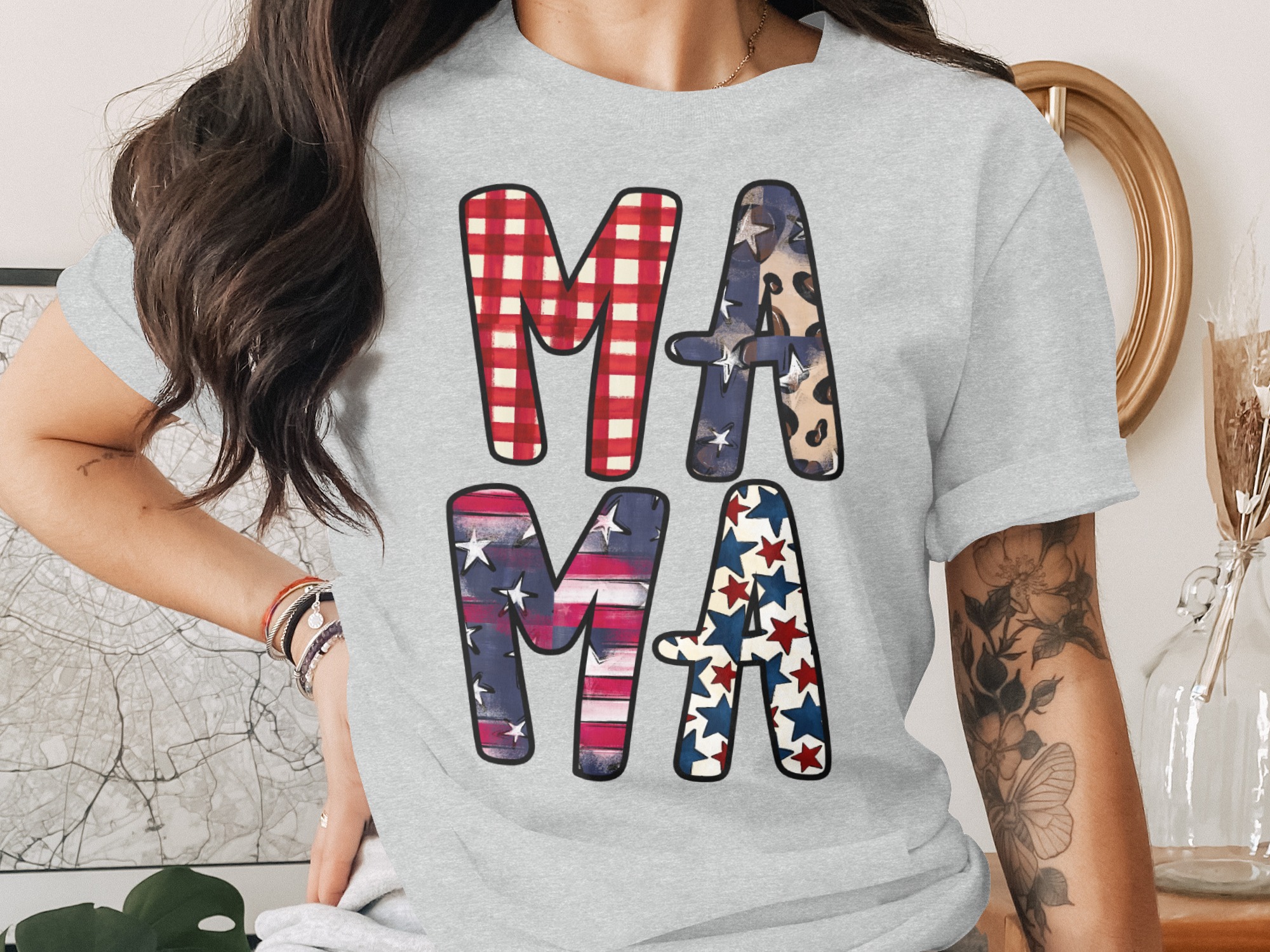 Patriotic Mama T-Shirt, Distressed Flag & Leopard Print Stars Tee, Buffalo Plaid Americana Mom Life Gift - Image 2