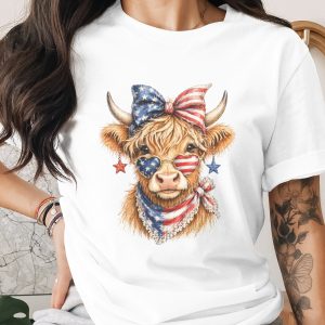 Patriotic Highland Cow American Flag T-Shirt