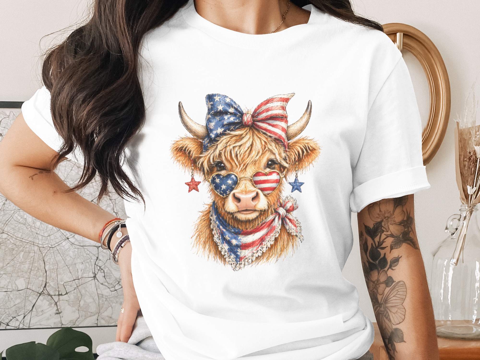 Patriotic Highland Cow American Flag T-Shirt