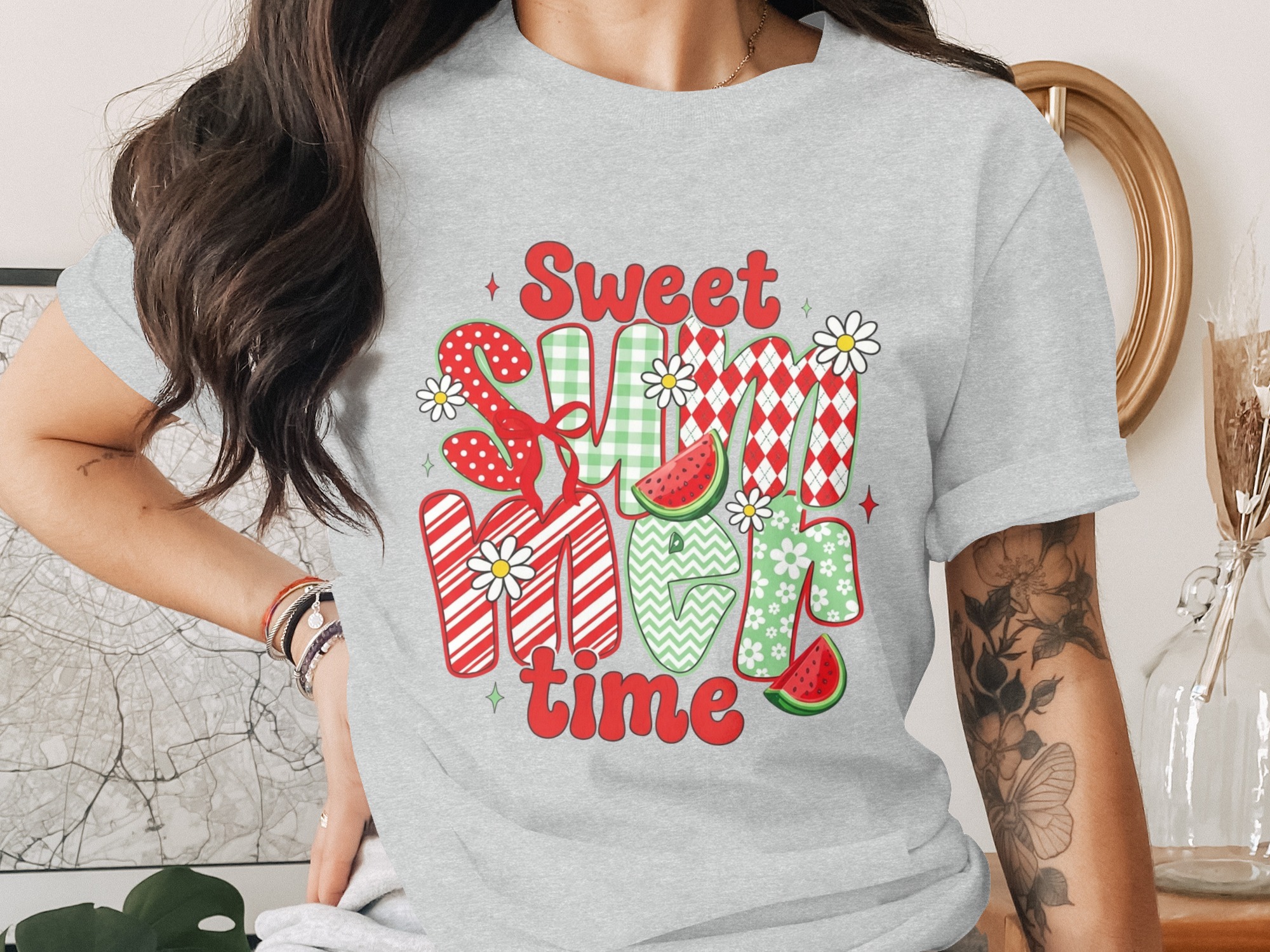 Sweet Summertime T-Shirt, Retro Summer Vacation Tee, Groovy Daisy Watermelon Shirt, Cheerful Cute Summer Time Apparel Gift for Her & Friend - Image 2