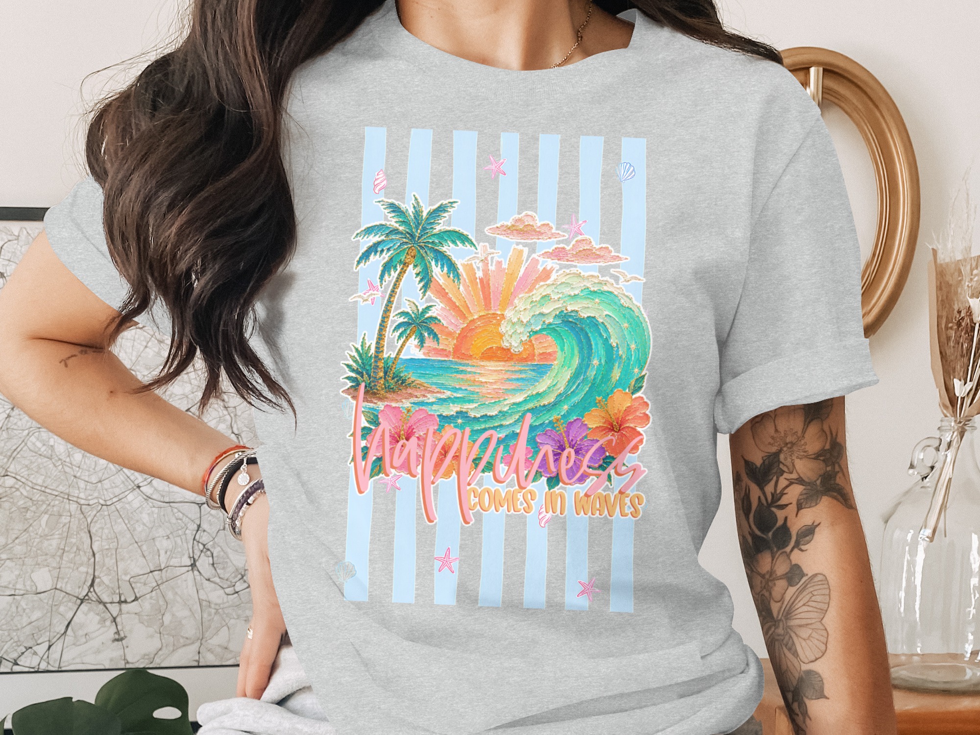 Comfort Colors® Happiness Comes in Waves T-Shirt, Beach Lover Gift, Tropical Vacation Tee, Summer Ocean Wave Sunset Shirt - Image 2