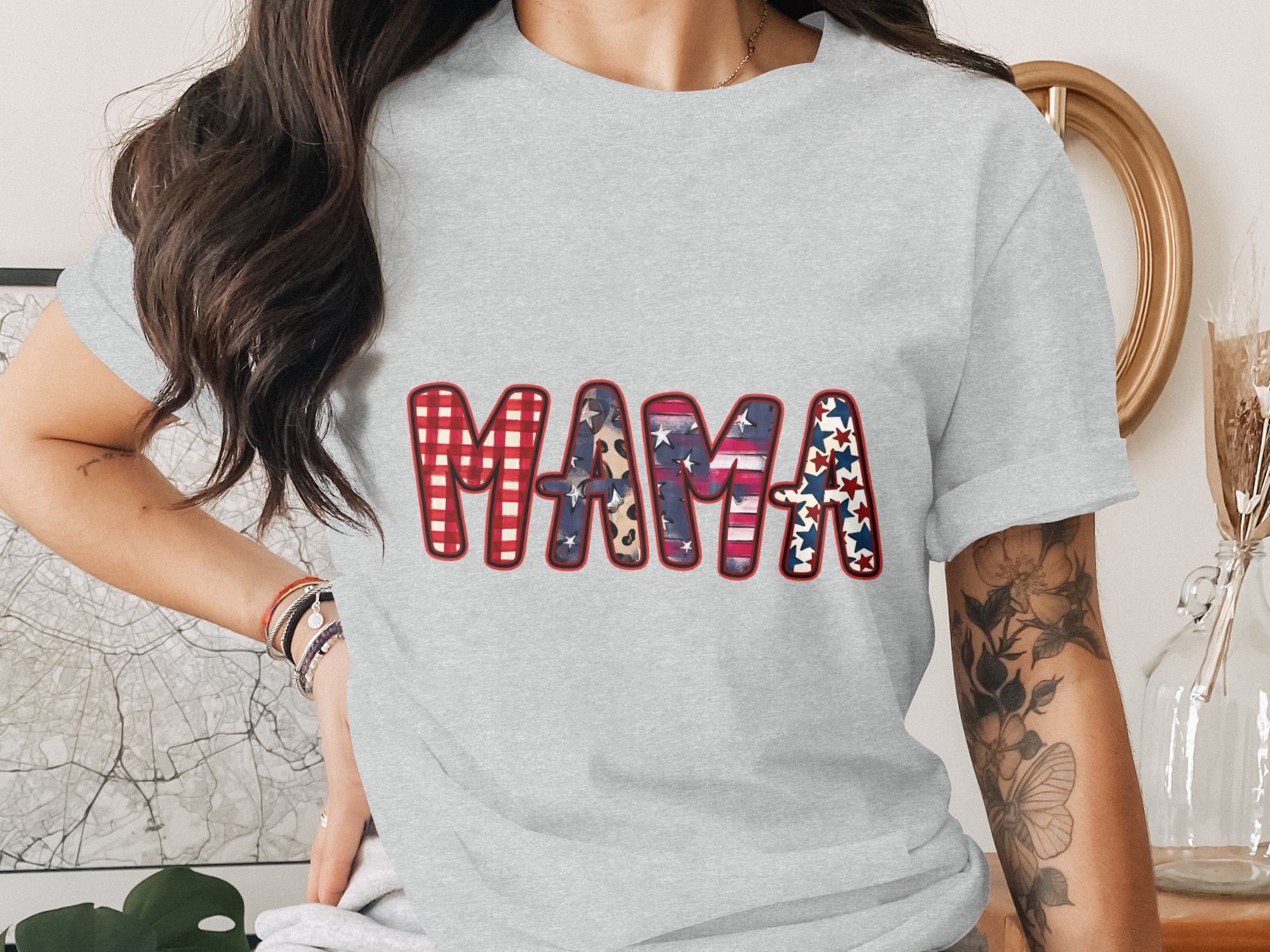 Patriotic Mama T-Shirt, Western Mama Shirt with Leopard Print, Buffalo Plaid Mama Gift, American Flag Star Mom Tee for Mother's Day - Image 2