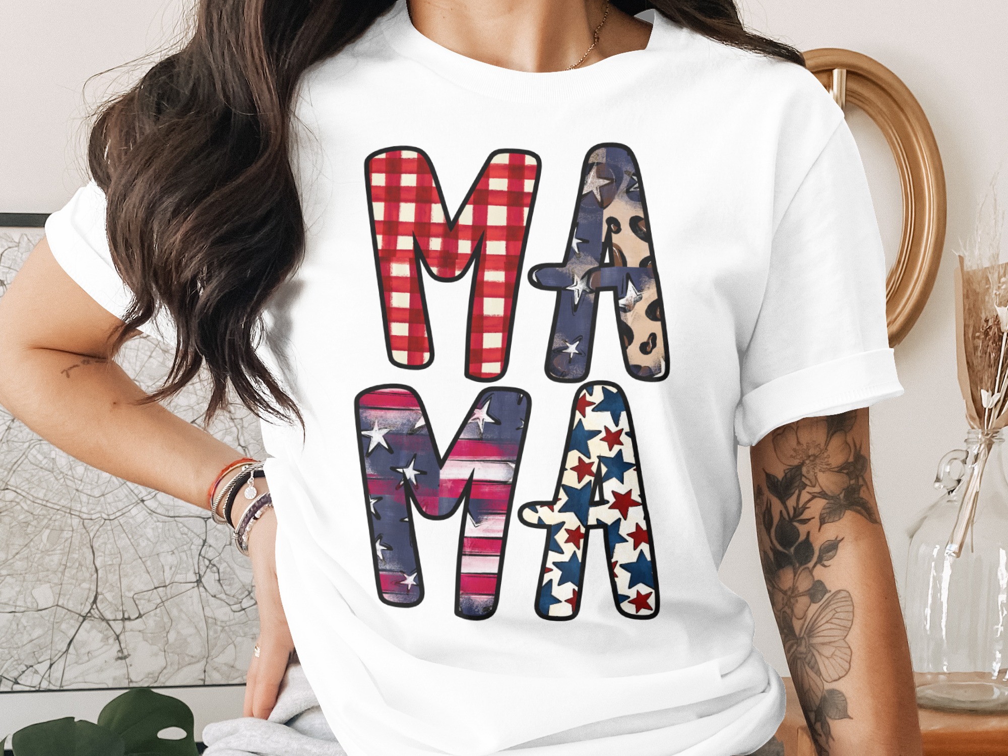 Patriotic Mama T-Shirt, American Flag Leopard Buffalo Plaid Mom Shirt, Fourth of July Tee, Distressed Americana Gift for Her