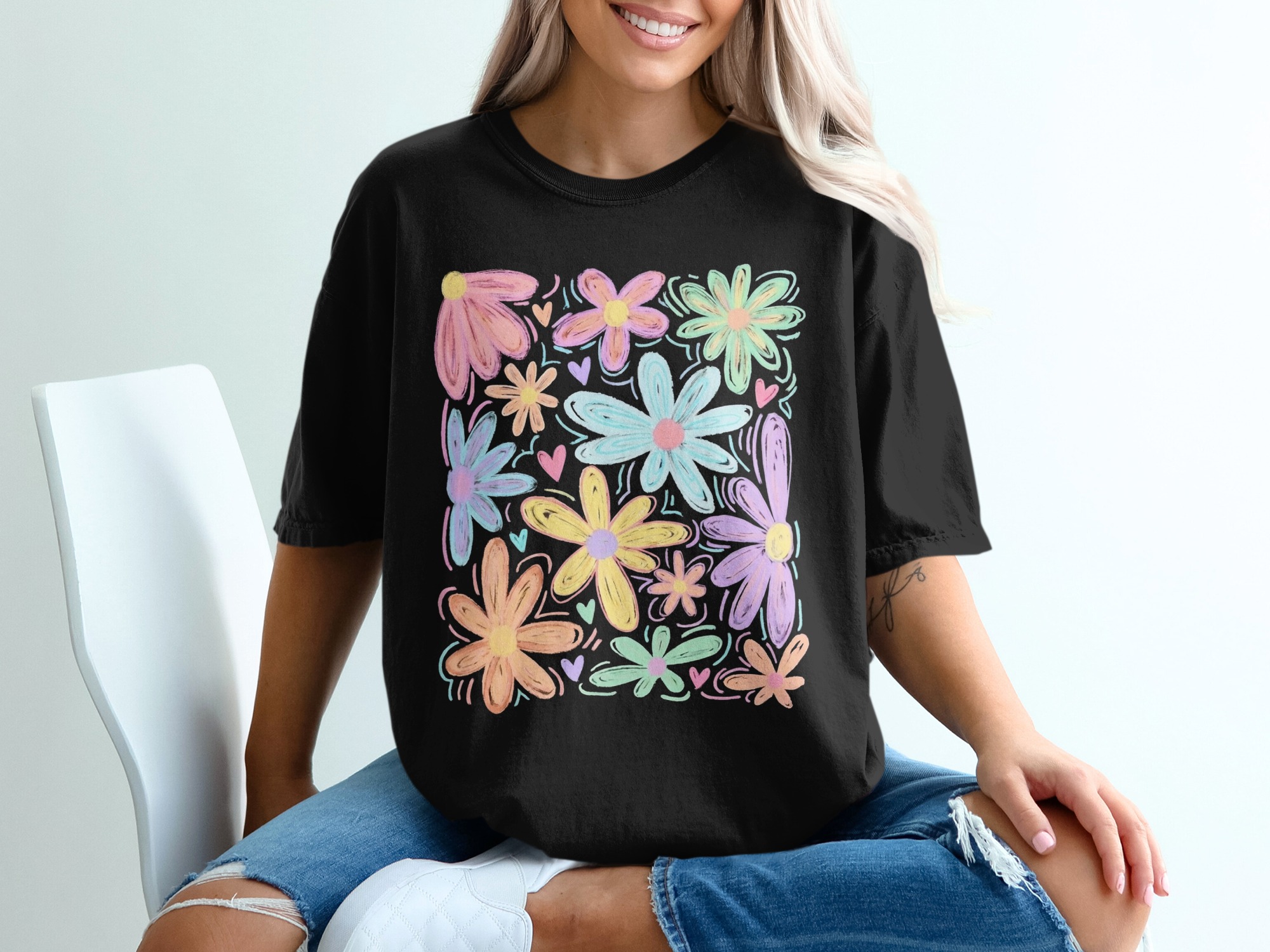 Comfort Colors® Pastel Floral T-Shirt, Whimsical Doodle Flower Tee, Soft Aesthetic Spring Summer Shirt, Happy Boho Gift for Her - Image 8