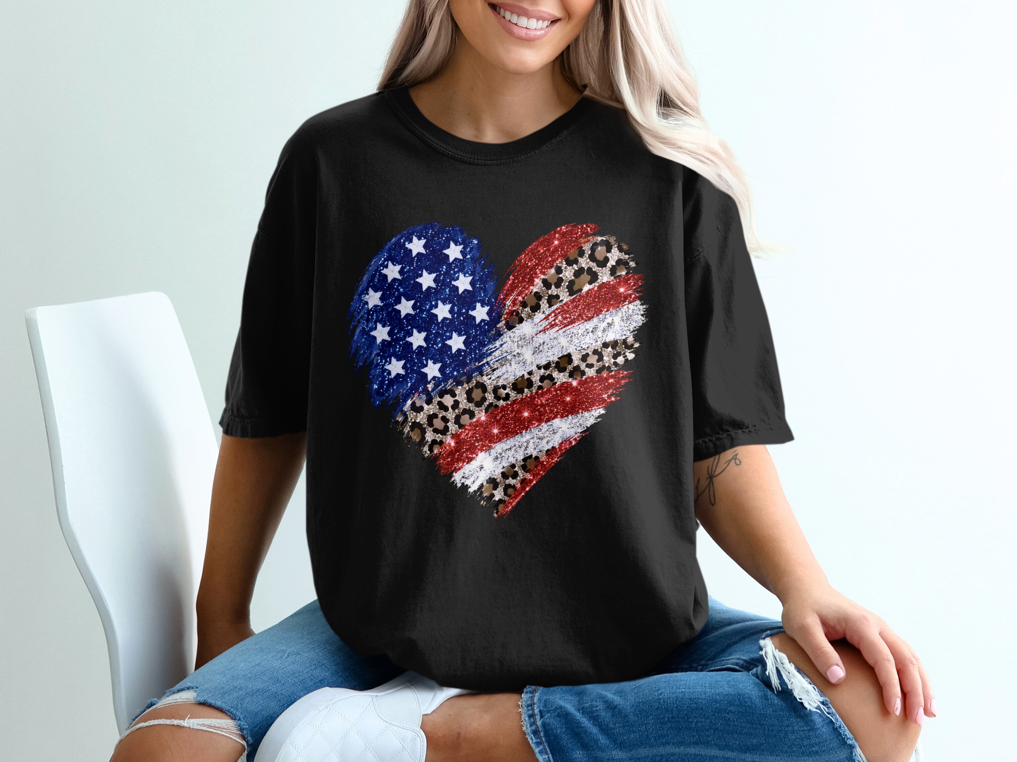 Comfort Colors® Patriotic Leopard Heart T-Shirt, American Flag Glitter Tee, 4th of July Shirt, Memorial Day, USA Pride, Trendy Gift for Her - Image 8