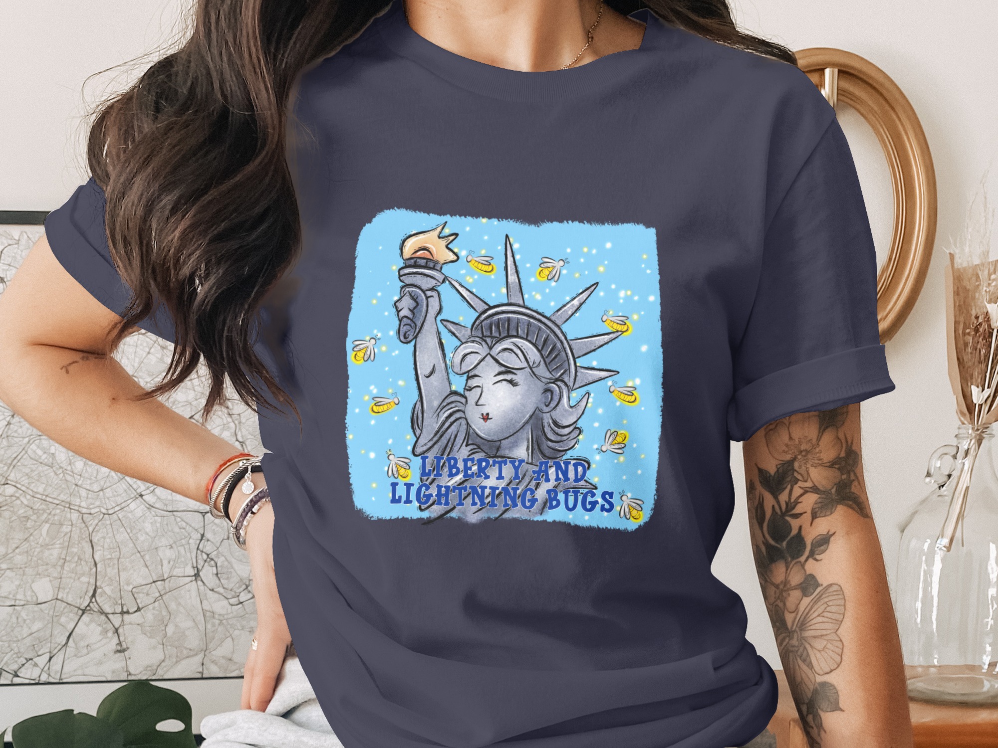 Liberty and Lightning Bugs T-Shirt, Whimsical Statue of Liberty Firefly Graphic Tee, Patriotic Summer Shirt Gift for Her - Image 3