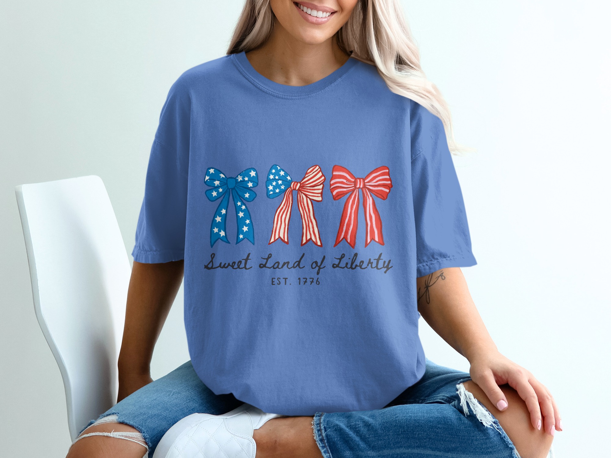 Patriotic Bows T-Shirt, Sweet Land of Liberty Shirt, 4th of July Tee, Distressed Americana Shirt, Vintage Style USA Top, Independence Day - Image 20