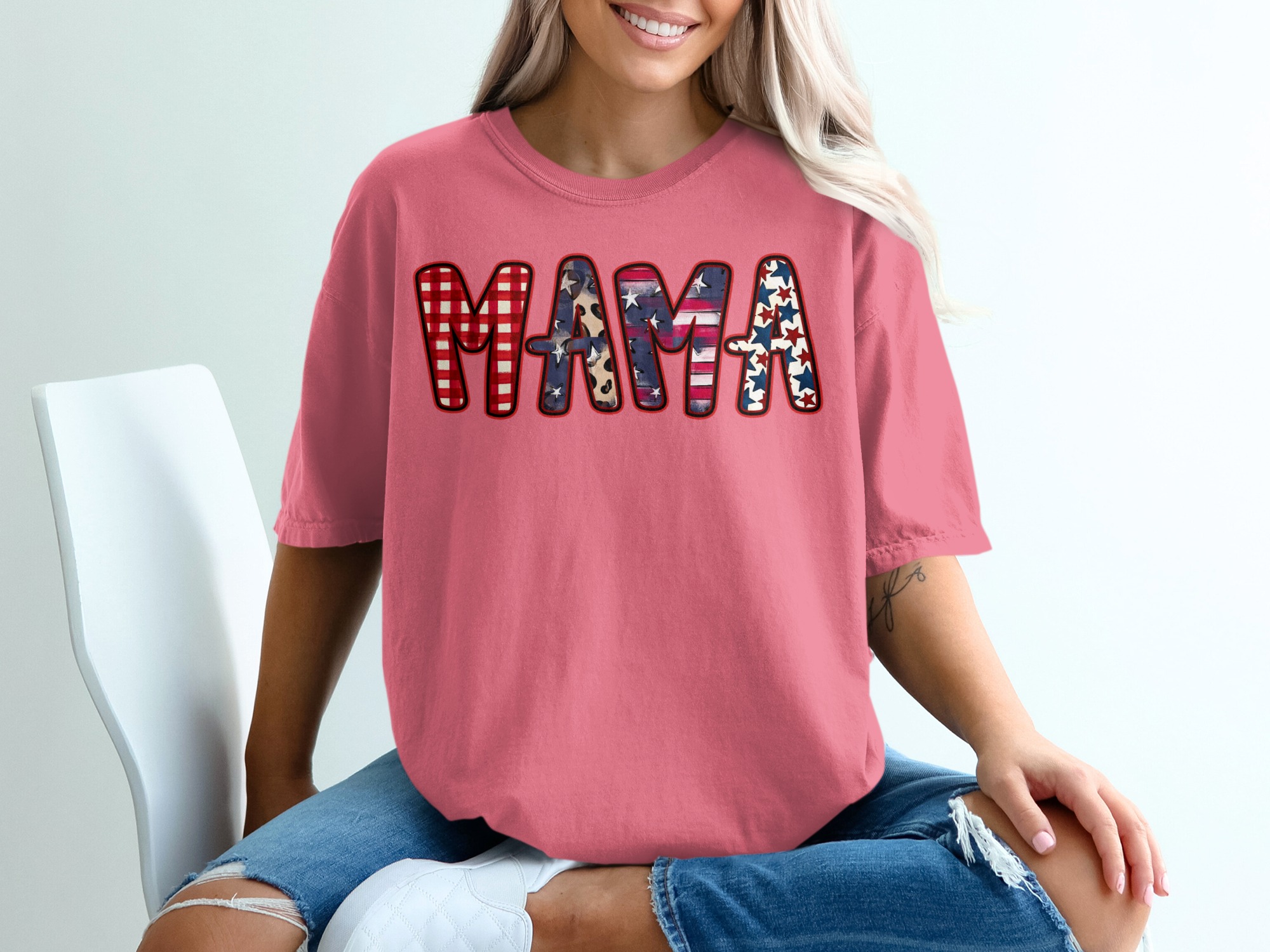 Patriotic Mama T-Shirt, Western Mama Shirt with Leopard Print, Buffalo Plaid Mama Gift, American Flag Star Mom Tee for Mother's Day - Image 16