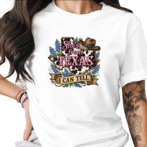 She's from Texas T-Shirt, Cow Print Bluebonnet Texas Tee, Western Country Style Southern Pride Gift for Her