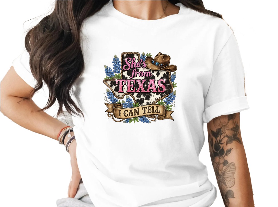 She's from Texas T-Shirt, Cow Print Bluebonnet Texas Tee, Western Country Style Southern Pride Gift for Her