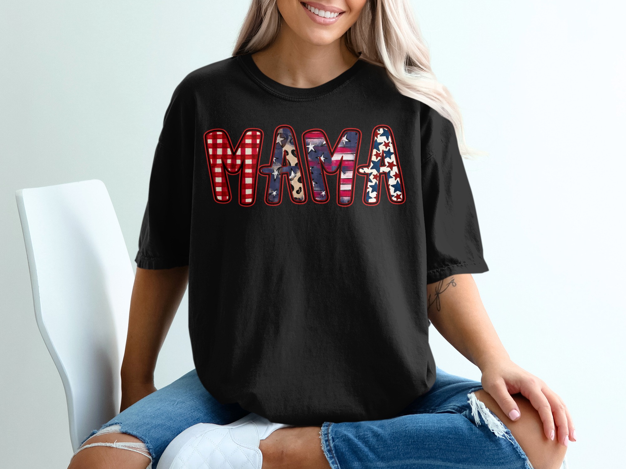 Patriotic Mama T-Shirt, Western Mama Shirt with Leopard Print, Buffalo Plaid Mama Gift, American Flag Star Mom Tee for Mother's Day - Image 8