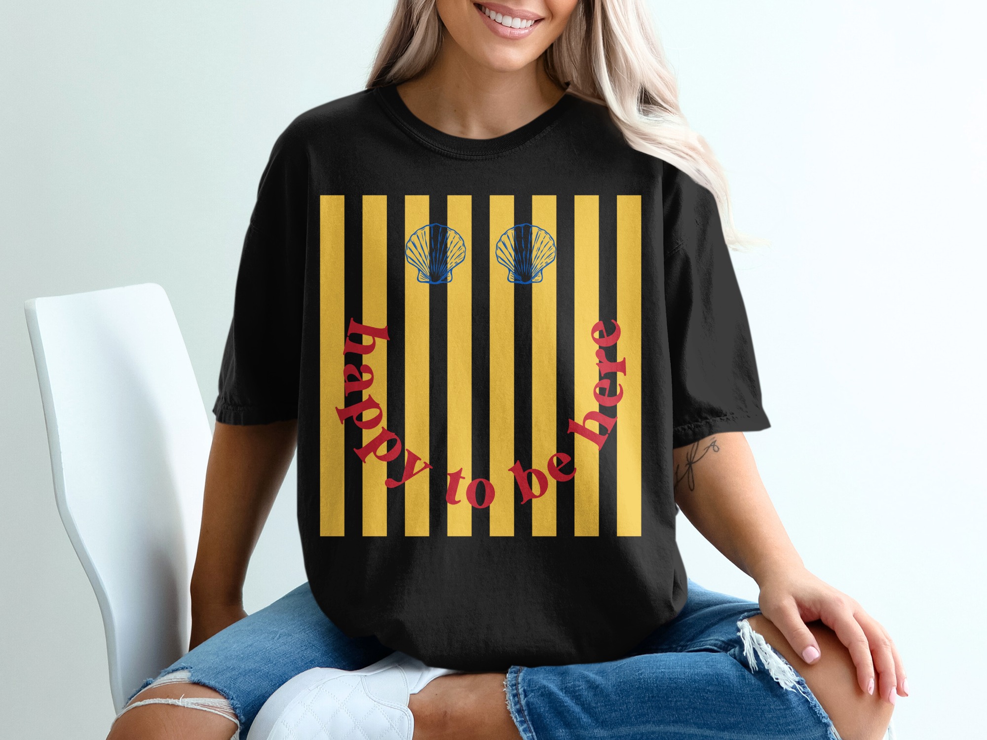 Happy To Be Here T-Shirt, Retro Smiley Face Beach Tee, Seashell Stripe Summer Vacation Shirt, Positive Vibes Graphic Top - Image 8