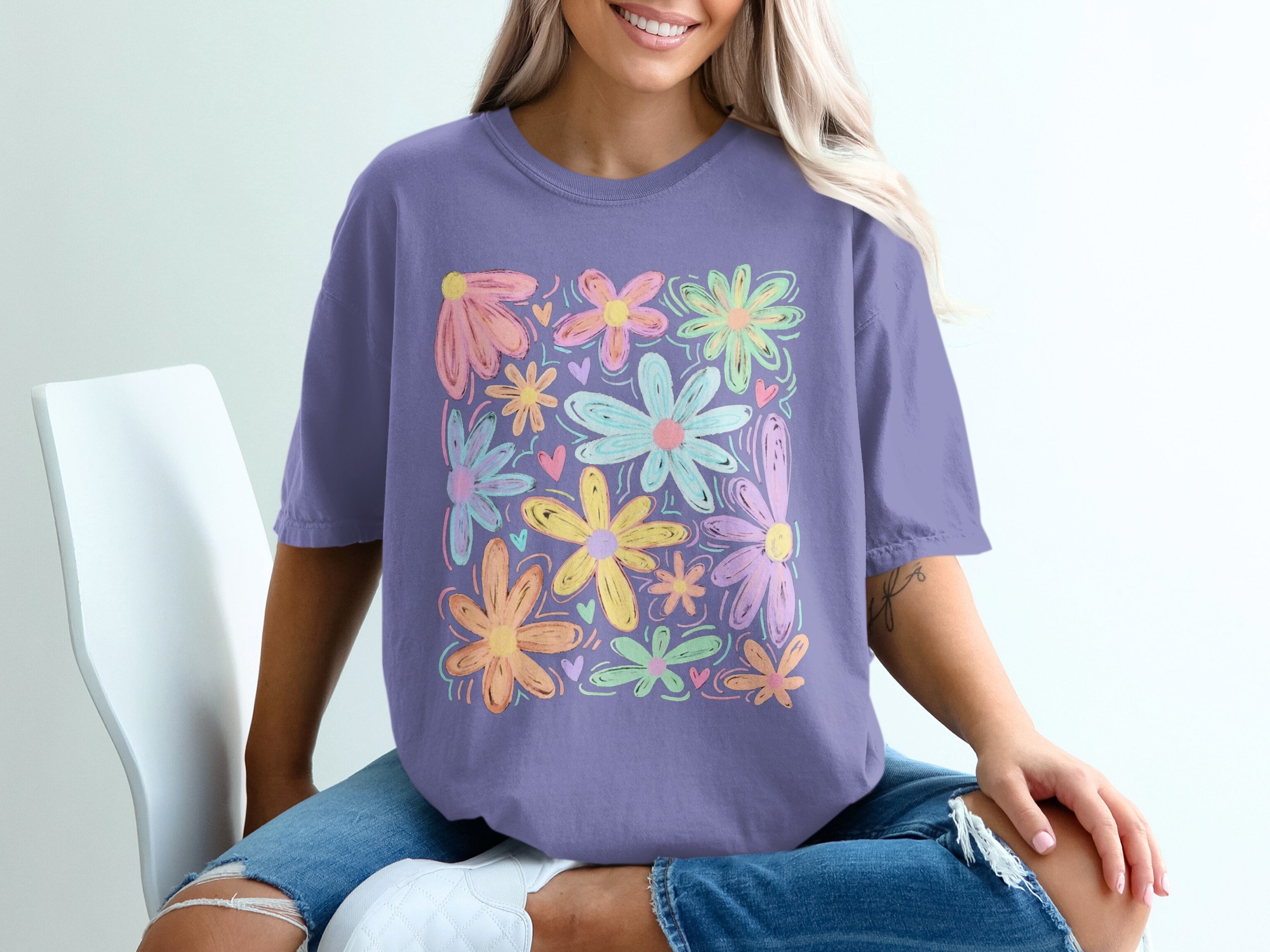 Comfort Colors® Pastel Floral T-Shirt, Whimsical Doodle Flower Tee, Soft Aesthetic Spring Summer Shirt, Happy Boho Gift for Her - Image 13